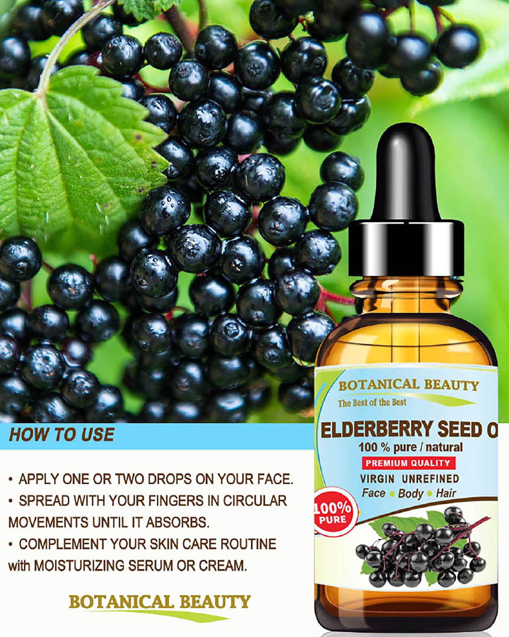 Botanical Beauty Belgian Elderberry Seed Oil Sambucus Nigra 100% Pure Natural Virgin Unrefined Cold Pressed Carrier Oil 1 Fl. Oz.- 30 ml for FACE, Skin, Hair, Nails, Anti-Aging by Botanical Beauty