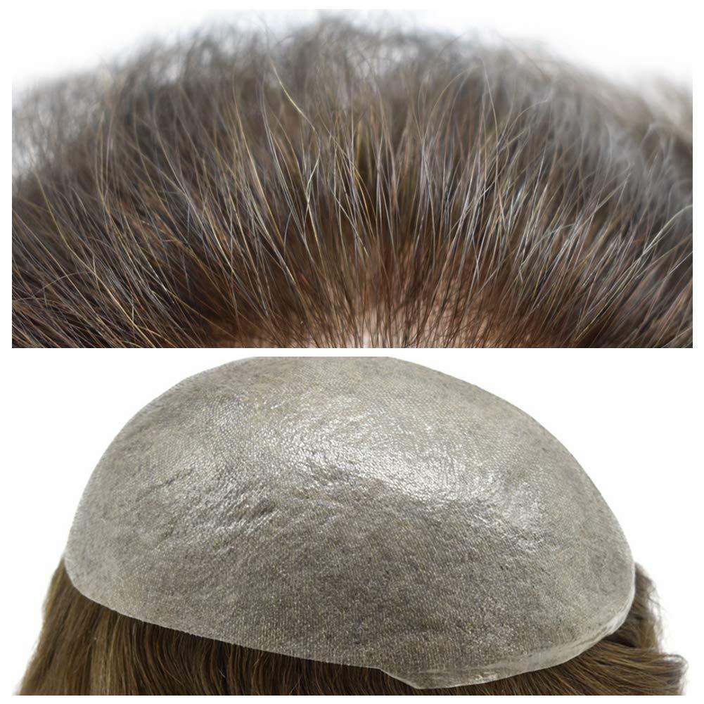 LHC Super Thin Skin Mens Toupee 0.03mm Ultra Thin Skin Hair System For Men Human Hair Black Brown Blonde Gray (8''x10''110% Light Medium Density, 350# Dark Brown With 50% Gray)