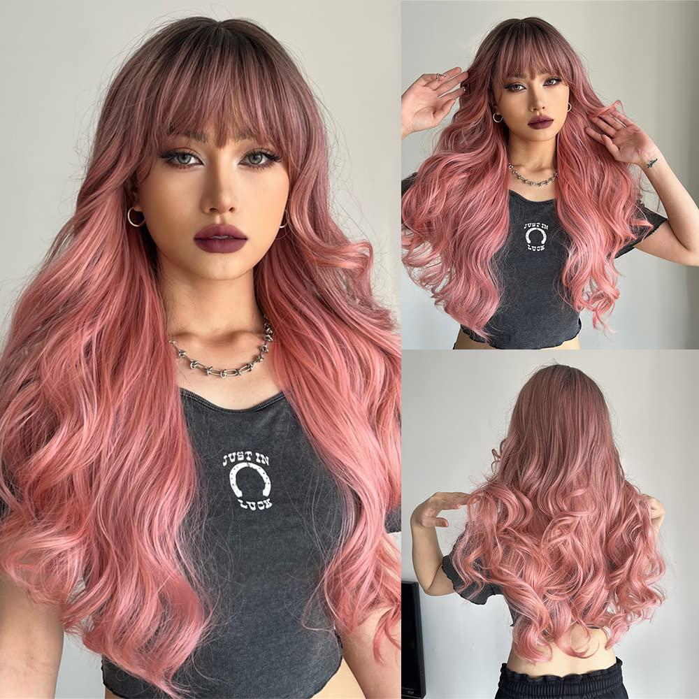 EMMOR EMMOR Long Ombre Pink Wig for Women - Natural Curly Hair Synthetic Wigs With Bang Dark Root, Party Cosplay Daily Use (2pcs Free Wig Cap)