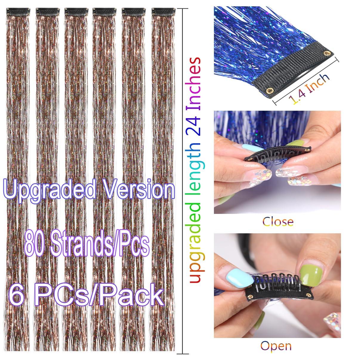 CelineBella CelineBella Coffee Brown Hair Tinsel Clip in for Cosplay Party Festivals(24 Inch Pack of 6Pcs, Coffee)