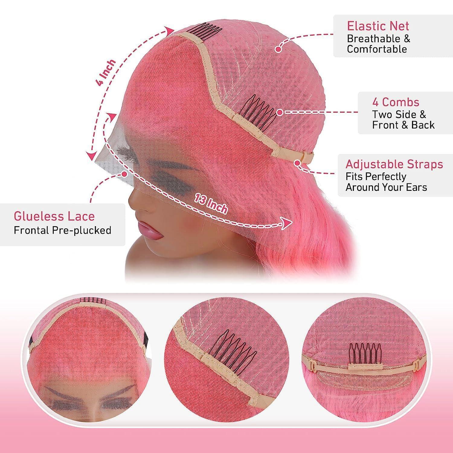 Mscathy Mscathy Pink Body Wave Lace Front Wigs Human Hair Pre Plucked 150 Density Pink Human Hair 134 Lace Front Wigs for Women(26 Inch, Pink)