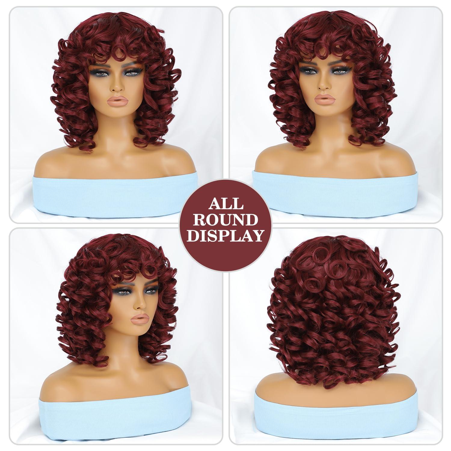 Felek Felek Short Curly Afro Wigs with Bangs for Black Women Short Burgundy Afro Big Curly Wigs for Women Synthetic Heat Resistant Cute Bouncy Loose Curly Wigs for Black Women 250g (14 Inch, BUG)