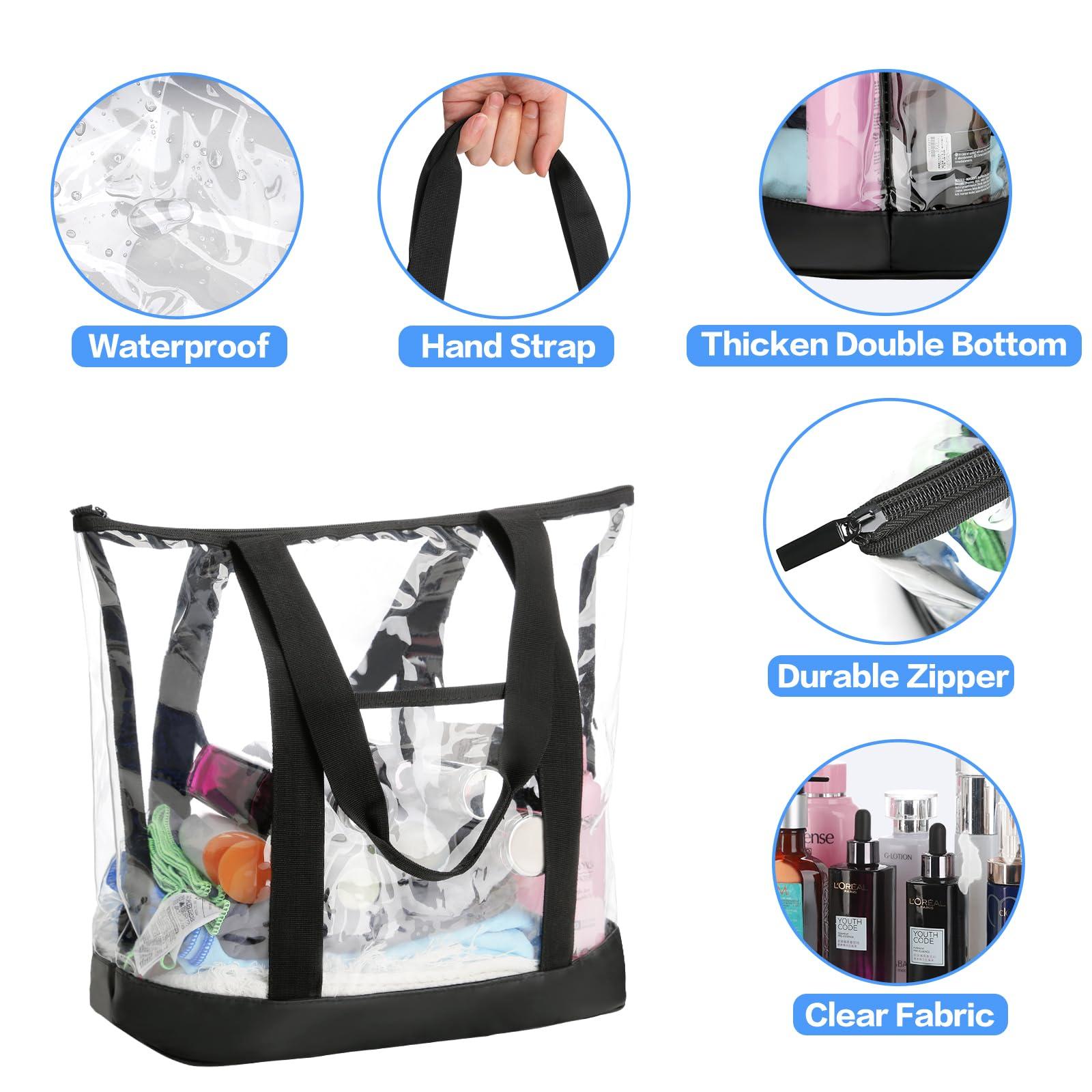 HAOGUAGUA HAOGUAGUA Extra Large Clear Cosmetic Toiletry Bag, Large Clear Makeup Bag, Waterproof Transparent Plastic PVC Tote Shoulder Bag with Handles (BLACK)