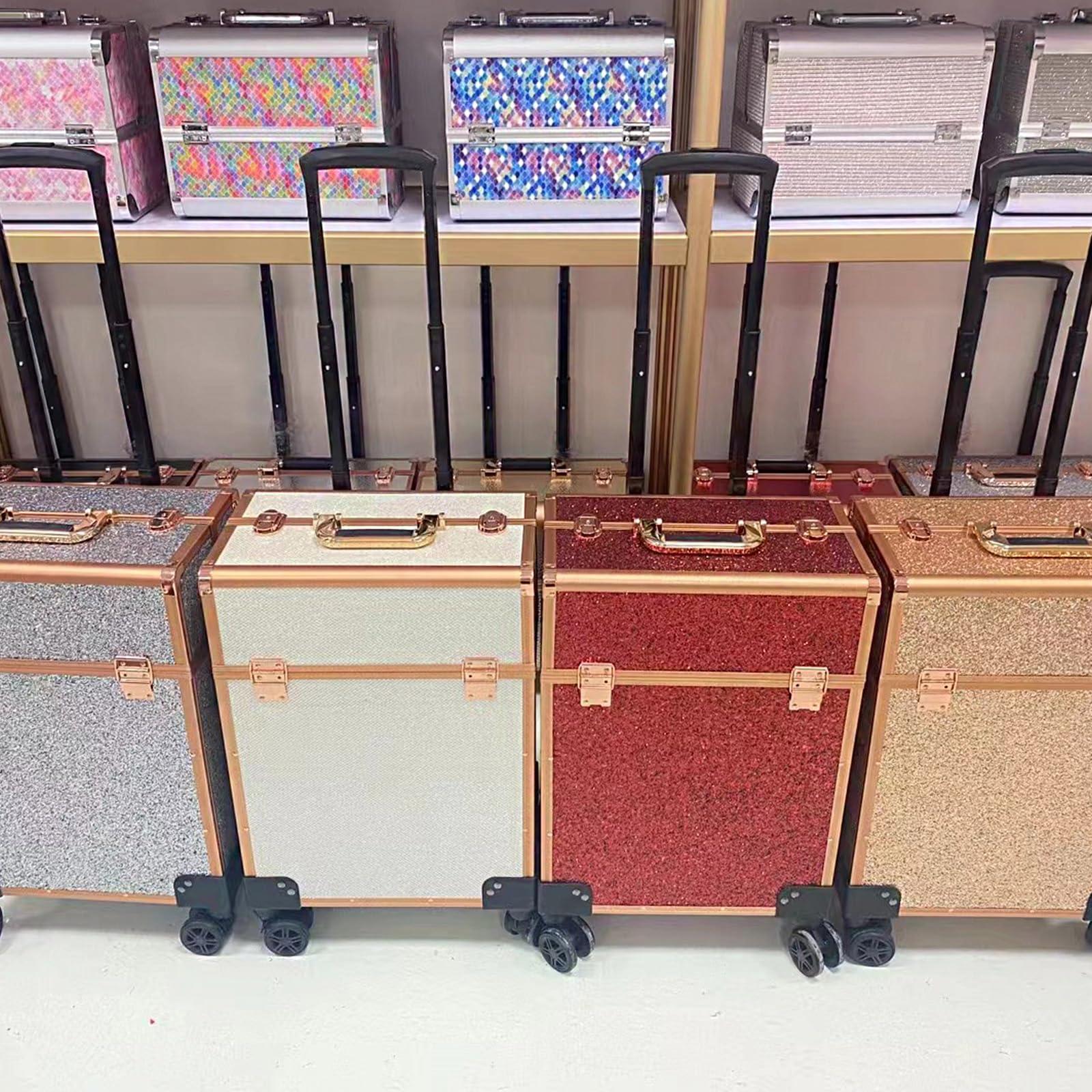 AXHNG Professional Makeup Train Case, Aluminum Cosmetic Case, Rolling Makeup Train Case with Large Drawer with 360 Swivel Wheels and Multi-Layer Storage Provide Life Convenience (H,14.43*8.97*19.11in)