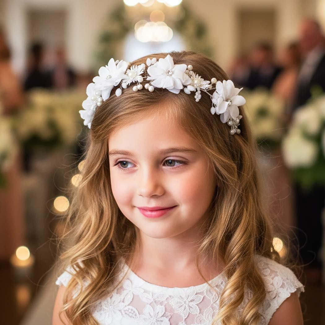 Campsis Campsis Flower Girl Headpiece White Princess Headband Pearl First Communion Hair Bands Wedding Birthday Party Hair Accessories for Women and Girls
