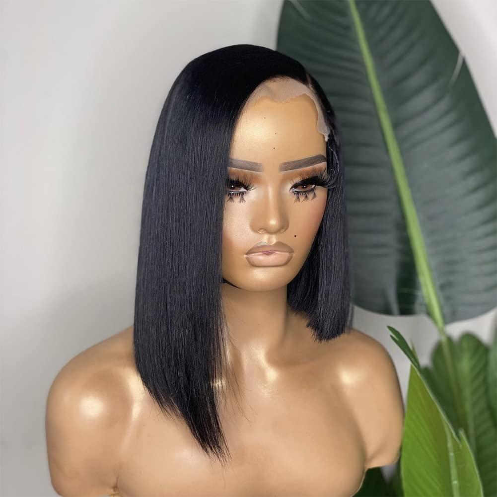 Anlimer Anlimer Asymmetrical Side Part Blunt Cut 13x4 Lace Front Wig Human Hair Bob Wigs Glueless Pre Plucked With Baby Hair Lace Closure Bob Remy Hair Wig for Black Women Silk Base Lace Frontal Wig Natural Color (10, 13x4 Lace Front Wig 150 Density)