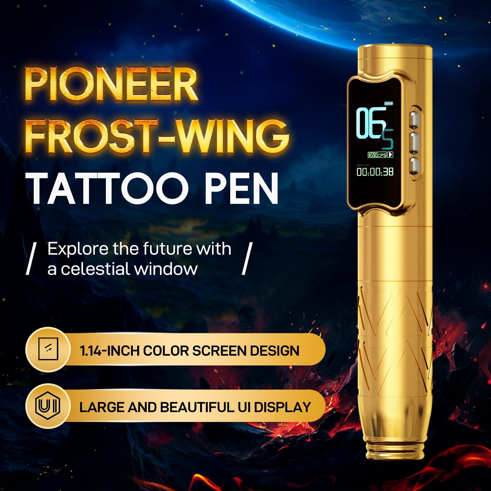 OG PRODUCE OG PRODUCE PIONEER-FROST-WING Wireless Tattoo Gun Rotary Pen Machine,Smart Display,3mm Stroke Wireless Tattoo Pen for Pro Artists (Golden)