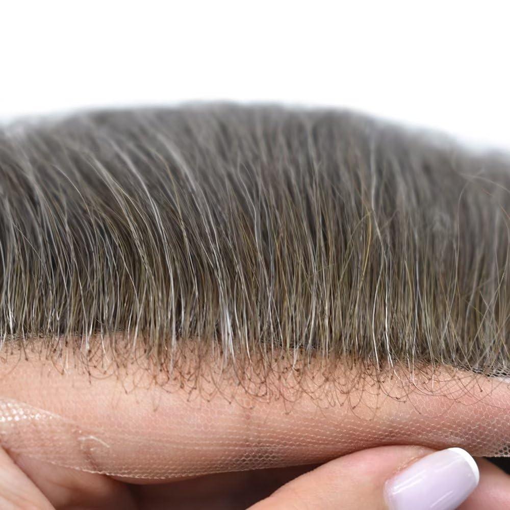 JUST HAIR French Lace Front Mens Toupee European Human Hair Piece Bleached Knots Natural Hairline Men Hair System Toupee for Men Hair Prostesis8X10\"-100% density#540 Medium Light Brown+40% Gray