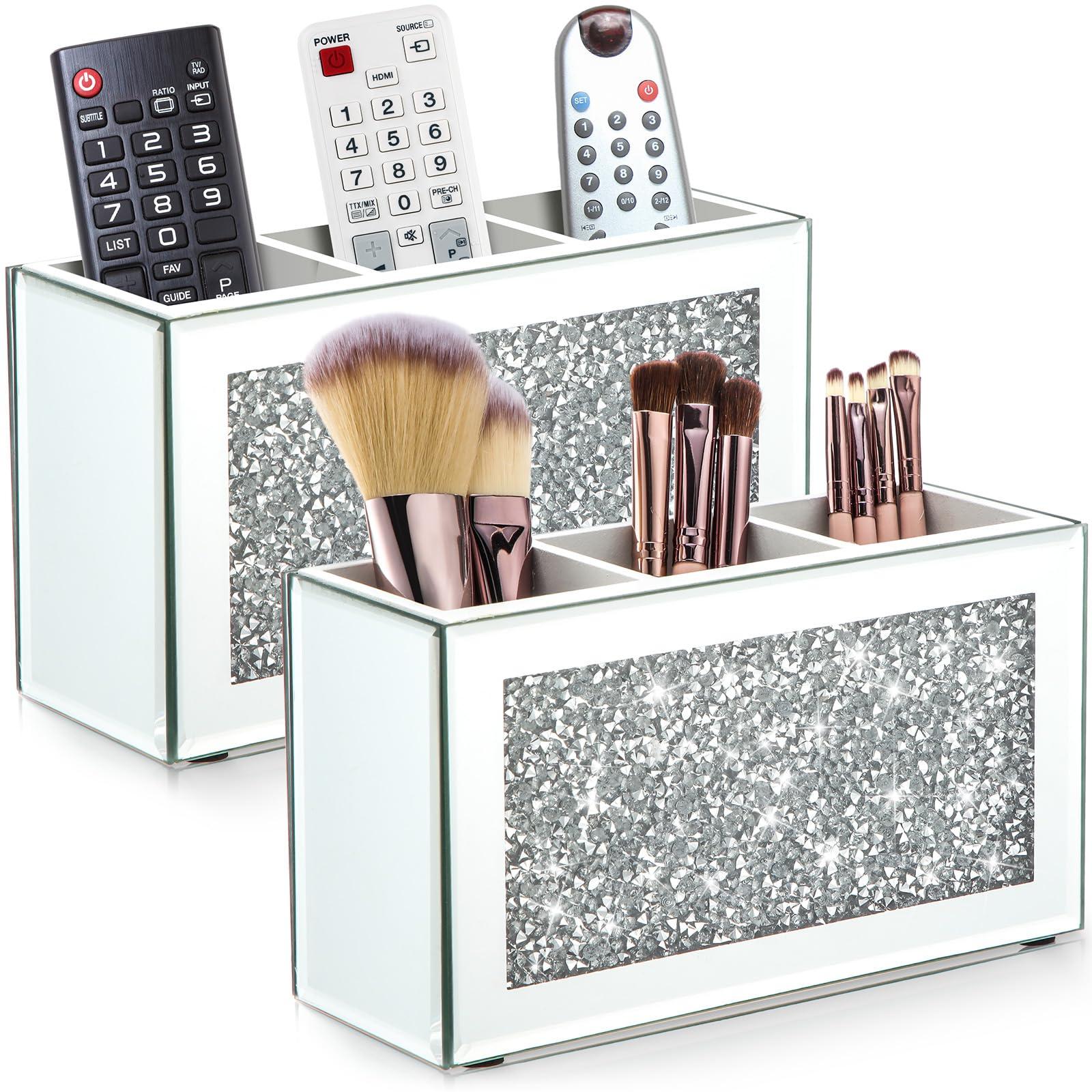 Tanlade Tanlade 2 Pcs Mirrored Makeup Brush Holder Remote Holder, Mirrored Makeup Organizer with Crushed Diamond Crystals, Vanity Cosmetics Organizer Solution, Pencil Holder Organizer for Desk (3 Compartment)
