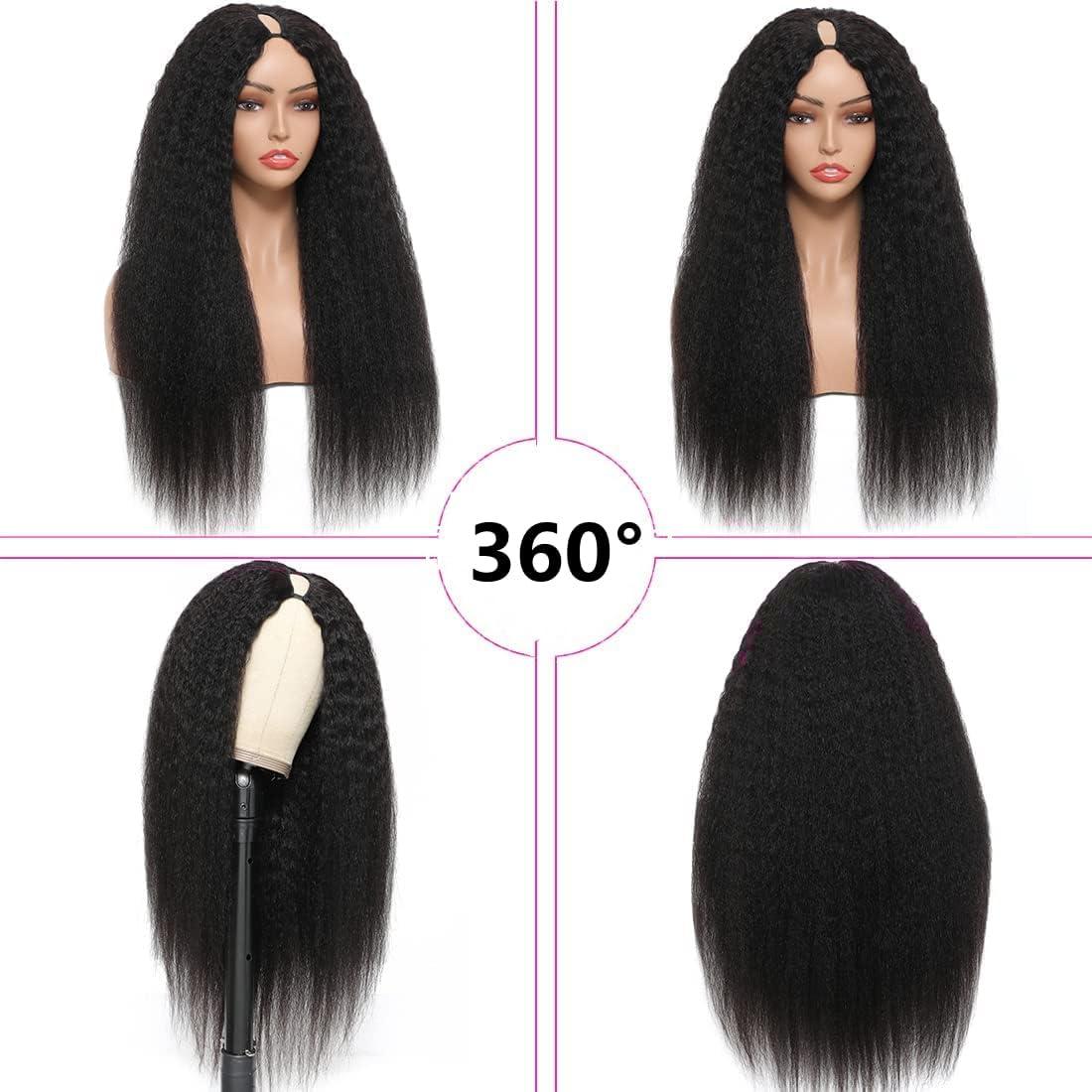 LOVFIR V Part Wig Human Hair Kinky Straight Human Hair Wigs for Black Women 150% Density Yaki V Part Wig Human Hair Upgrade U Part Glueless Full Head Clip In Half Wig V Shape Wigs Yaki Straight Human Hair Wig 26 inch