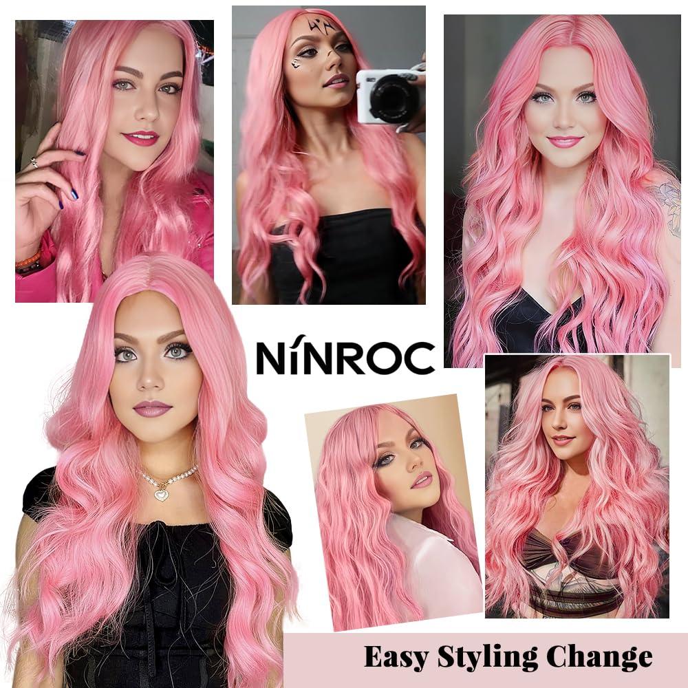 Ninroc Ninroc Pink Wigs For Women, Long Wavy Pastel Pink Wig Middle Part Natural Looking Heat Resistant Synthetic Wig for Daily Party Use 26 inches