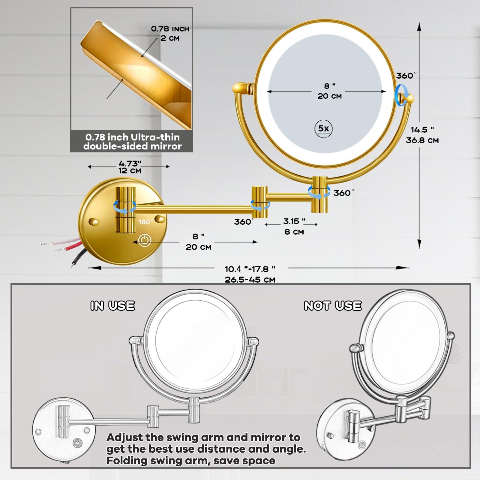 RECKODOR RECKODOR Wall Mount Magnifying Mirror with Light for Bathroom Makeup Mirror Wall Mounted Vanity Mirror Gold, 1/5X 2 Sided Extension Personal Wall-Mounted Mirror for Make-up Shaving, Hardwired