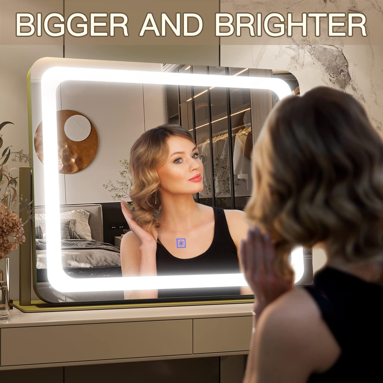 FENNIO FENNIO Gold Vanity Mirror with Lights 22\"x19\", LED Lighted Makeup Mirror, Large Makeup Mirror, Make up Mirror with Lighting,Touch Screen with 3-Color Lighting,Dimmable,for Vanity Desk Tabletop