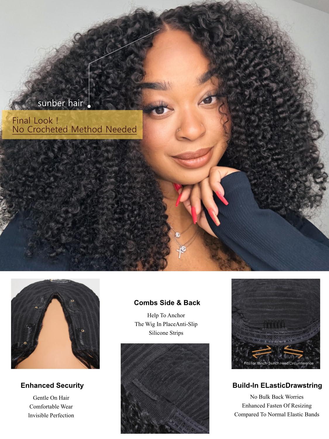 Sunber Sunber EasiContour V Part Wigs Human Hair Kinky Curly Upgrade Glueless U Part Human Hair Wig V Part Kinky Curly No Leave Out No Gel Beginner Friendly Clip in Vpart Wig 150% Density 14Inch