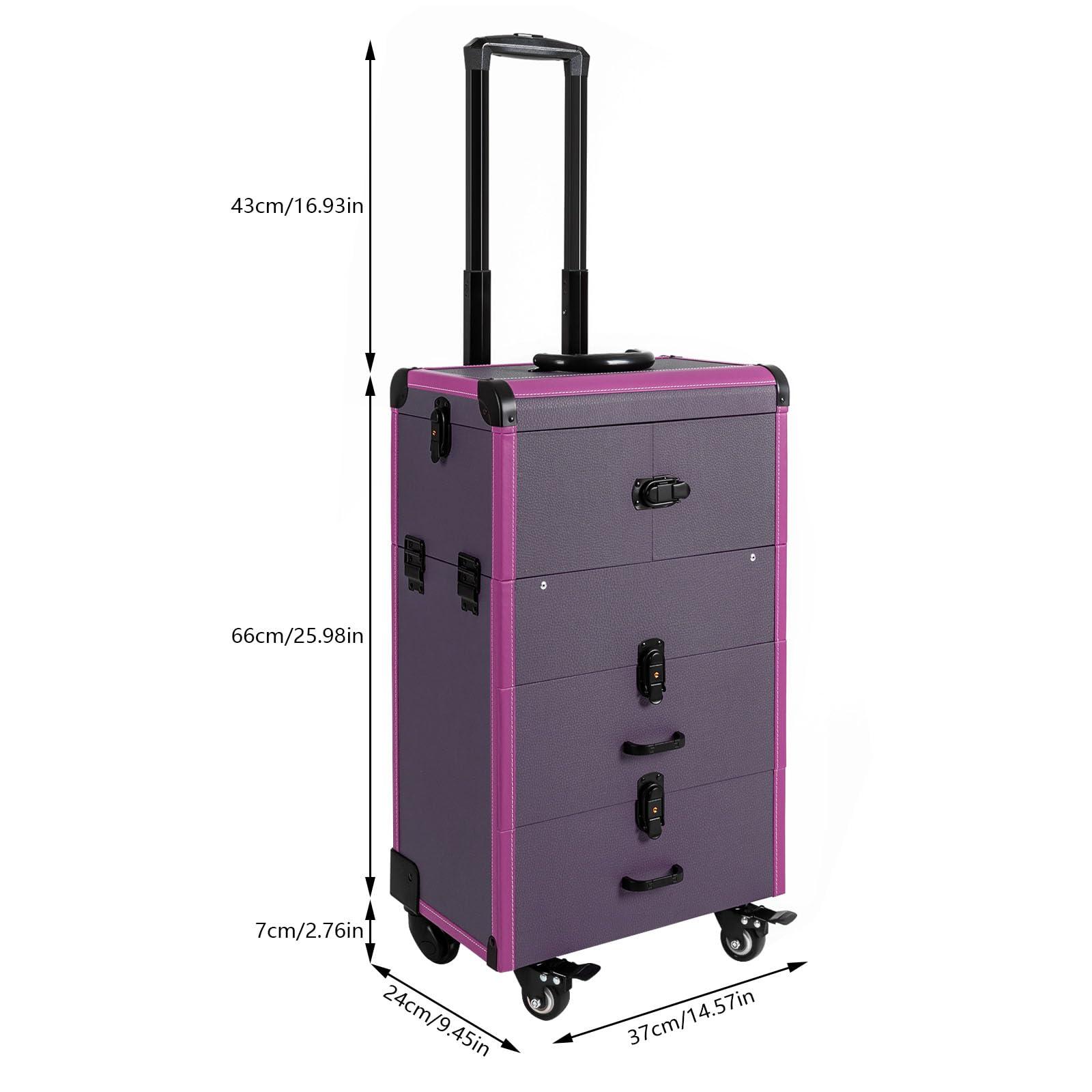 CapBoator 3 in 1 Professional Makeup Trolley Cart, Large Storage Rolling Makeup Case 4 Tray 2 Drawer, Lockable Cosmetic Train Case with Wheels, Salon Barber Case Traveling Cart for Hairstylist, Black (Purple)