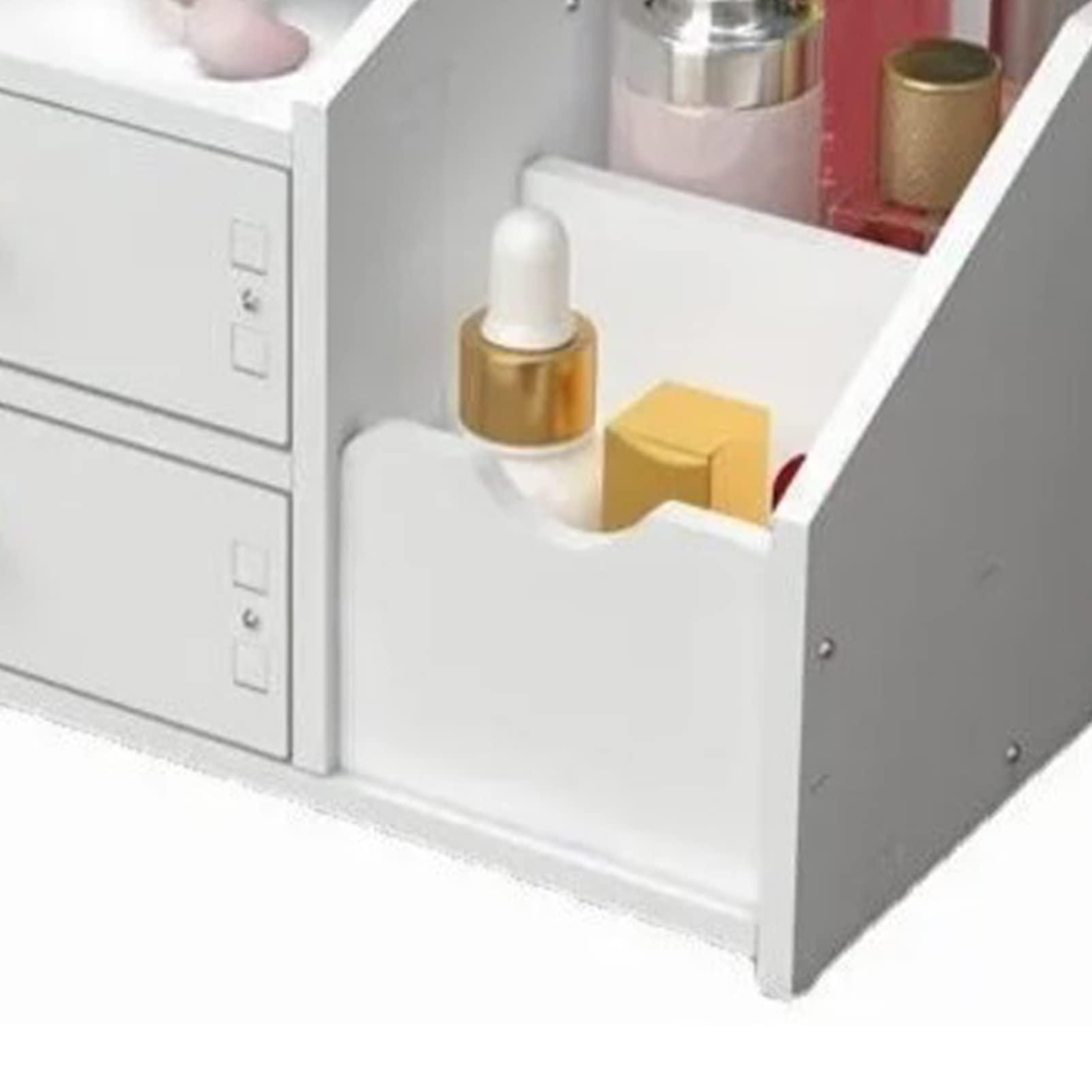 Cyrank Drawer Makeup Organizer for Vanity, Large Capacity Cosmetic Makeup Drawer Organizer White Cosmetic Storage Drawer Desktop Makeup Container with Mirror