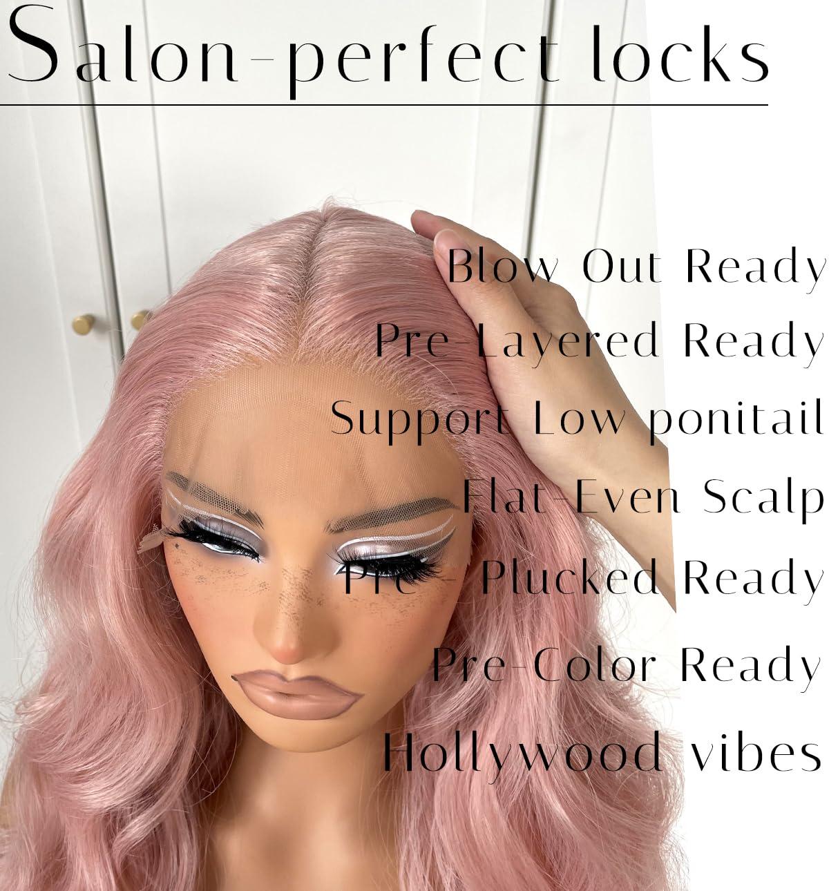 MITIMES MITIMES Pink Wigs Glueless HD Lace Front Wigs Pre Plucked Synthetic Body Wave Wear And Go Lace Front Wig For Cosplay Party Light Pink Wig With Natural Hairline For Fashion Women