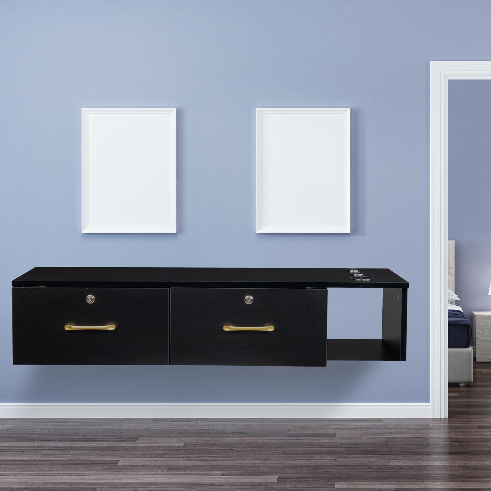 Hikarinowa Modern Wall Mount Salon Styling Station,Wood Salon Barber Station,Styling Barber Station for Hair Stylist,Barber Salon Station Storage Cabinet,with Drawers,for Barber Shop, Home, Bathroom (Black)