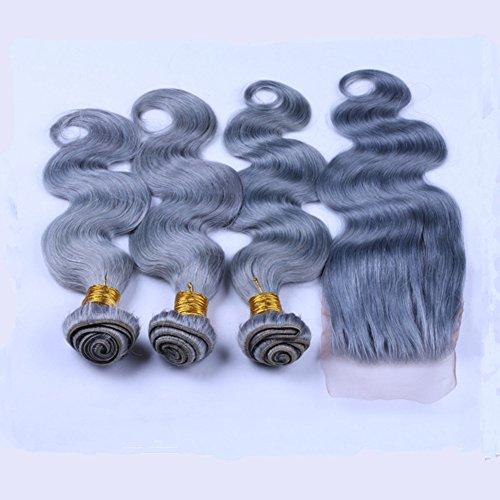 Ruma Hair Ruma Hair Pure Grey Hair Weave 3 Bundles With 4x4'' Lace Closure Silver Grey Body Wave Wavy Virgin Human Hair Extensions With Free Part Top Closures Piece (10 with 10 12 14)