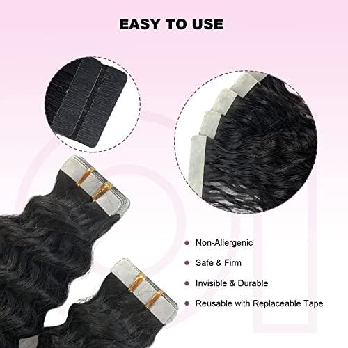 OiMiGO Natural Black Curly Hair Extensions, 40 Pieces 100g OiMiGO Brazilian Human Hair Kinky Curly Tape in Extensions 3C 4A Tape ins Extension for Black Women 22 Inch Soft Curly Tape Extensions Real Hair