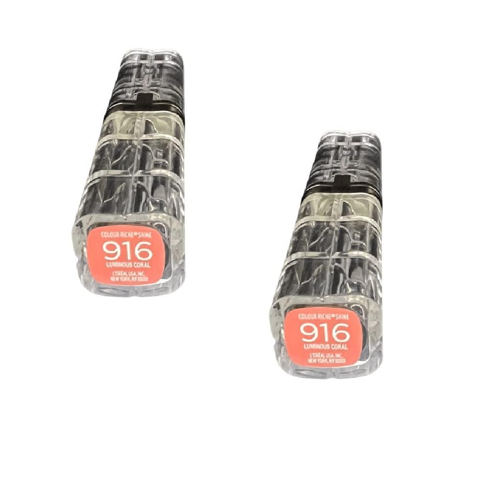 L’Oréal Paris Pack of 2 L'Oreal Paris Colour Riche Shine Lipstick, Luminous Coral # 916