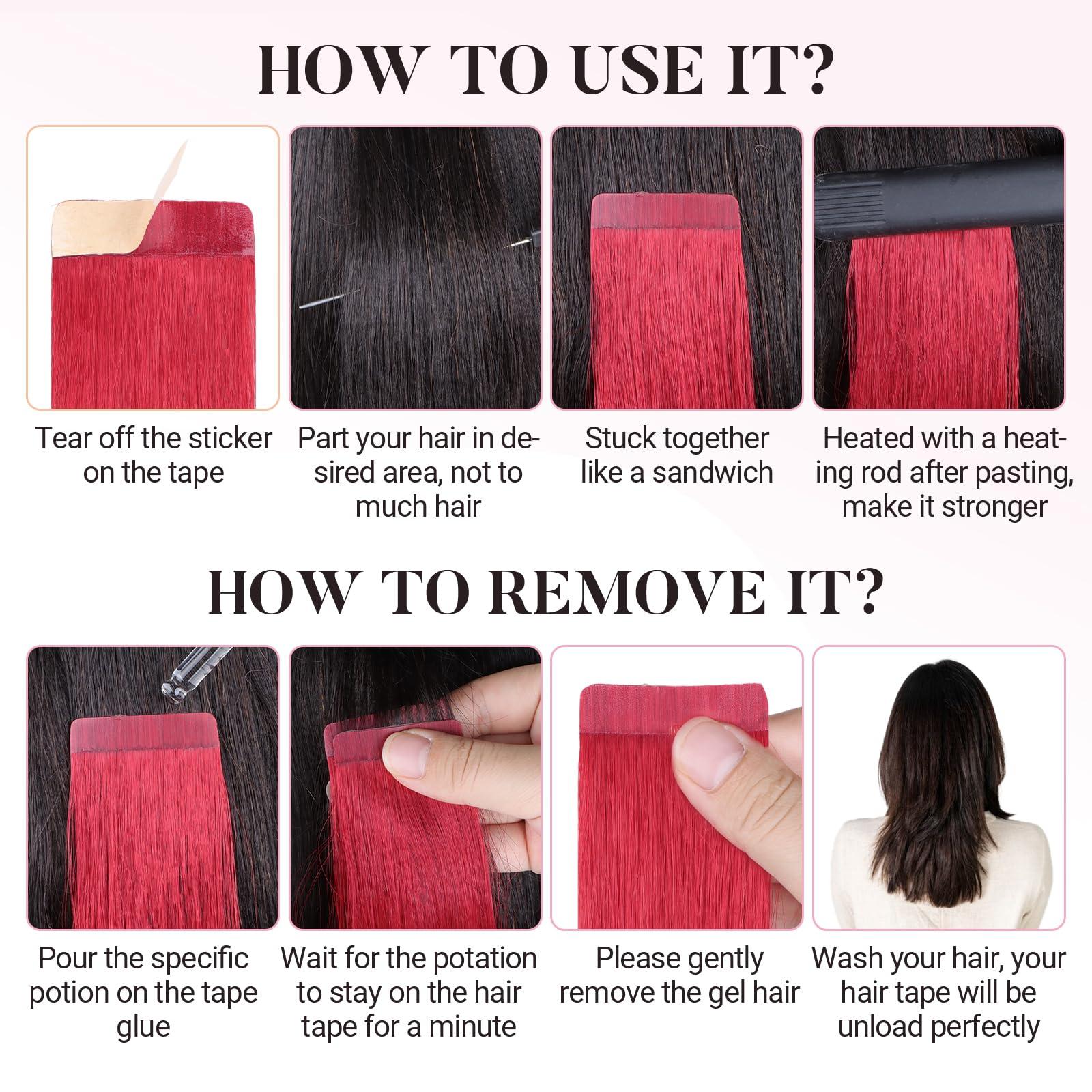 MAXITA MAXITA Tape in Hair Extensions Human Hair Red Hair Extensions Tape ins, 10pcs 25g 18 Inch Colored Party Highlight Tape in Extensions Straight Soft Real Human Hair Extension