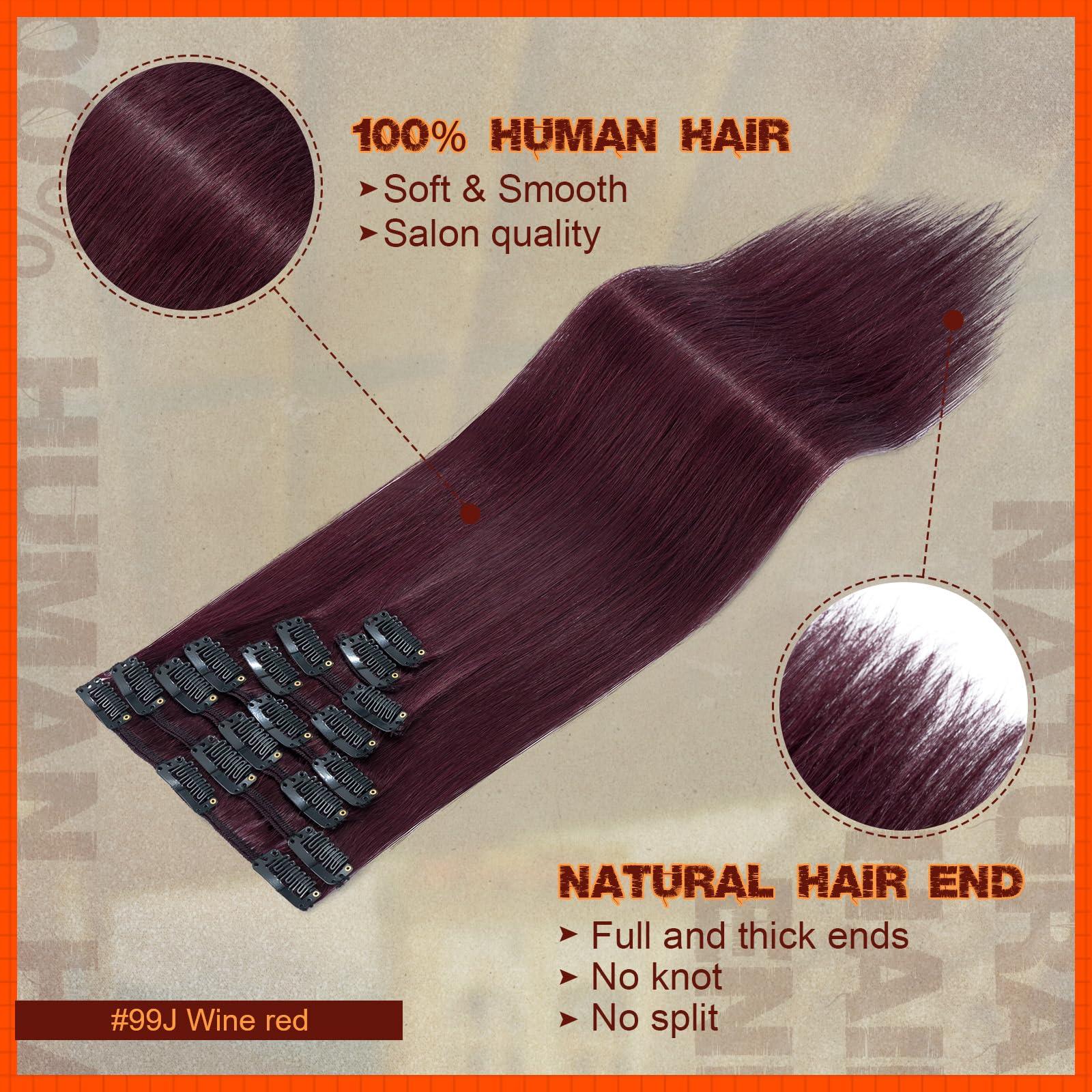 Benehair Real Hair Extensions Clip in Human Hair Wine Red 24inch 8pcs 18 Clips Human Hair Clip in Extensions for Women No Tape No Glue Clip ins #99J