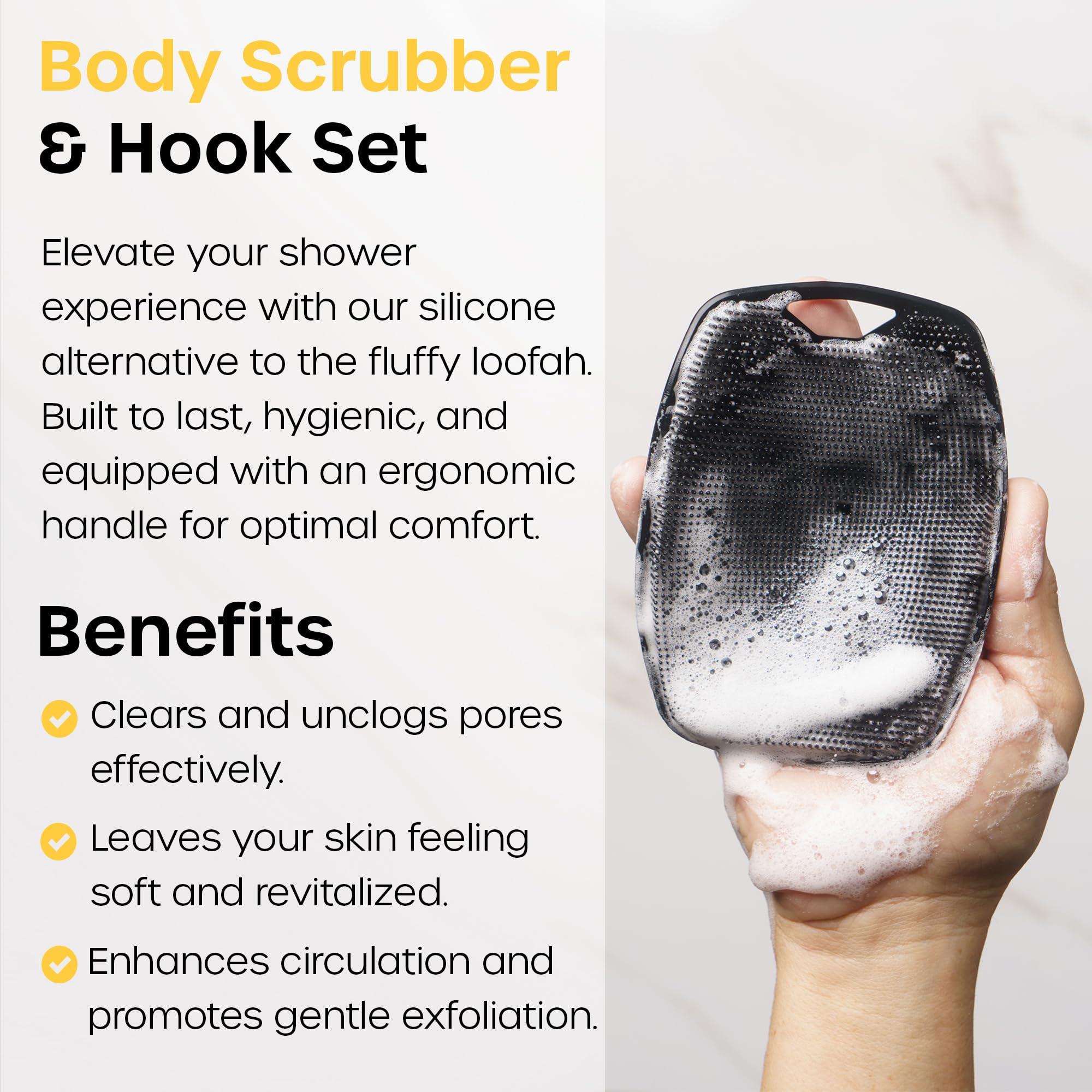 Vanibiss The Man Body Scrubber & Hook - Silicone Body Scrubber for Men - Shower Scrubber for Men - Silicone Body Buffer Hygienic & Easy to Clean - Soft Bristles & Non-Slip Handle - Body Washing Brush (1 Set)