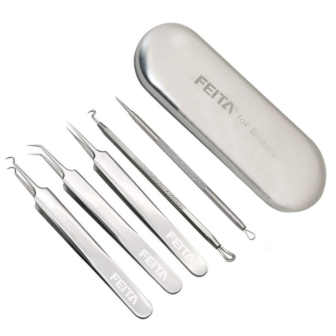 FEITA Blackhead Remover Kit - FEITA Blackhead Tweezers Removal Tool Kit Set - Acne Tweezers Pimple Comedone Extractor With Travel Case (5 Pcs)