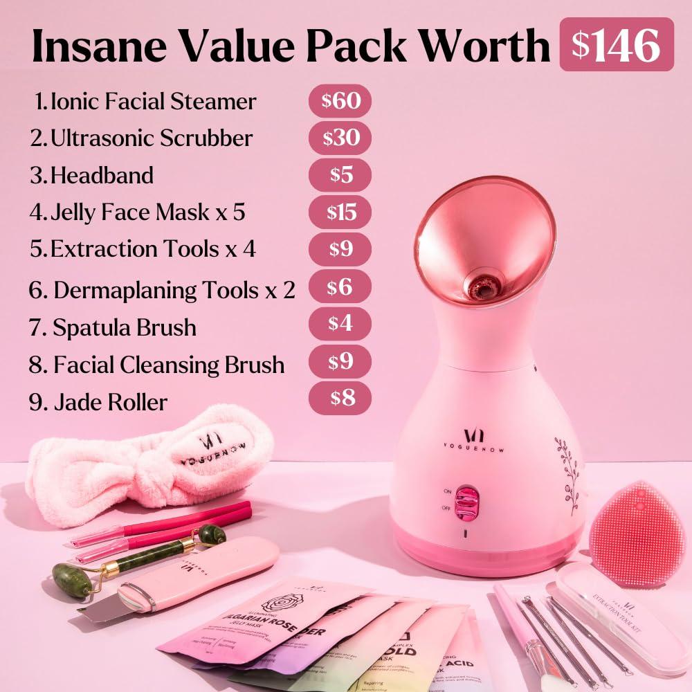 VogueNow Facial Steamer Spa Kit with Complimentary 17 Skin Care Tools | Face Steamer for Facial Deep Cleaning with Towel Warmer & Humidifier Mode| Self Care Gifts for Women, Spa Gifts, Birthday Gifts for Women