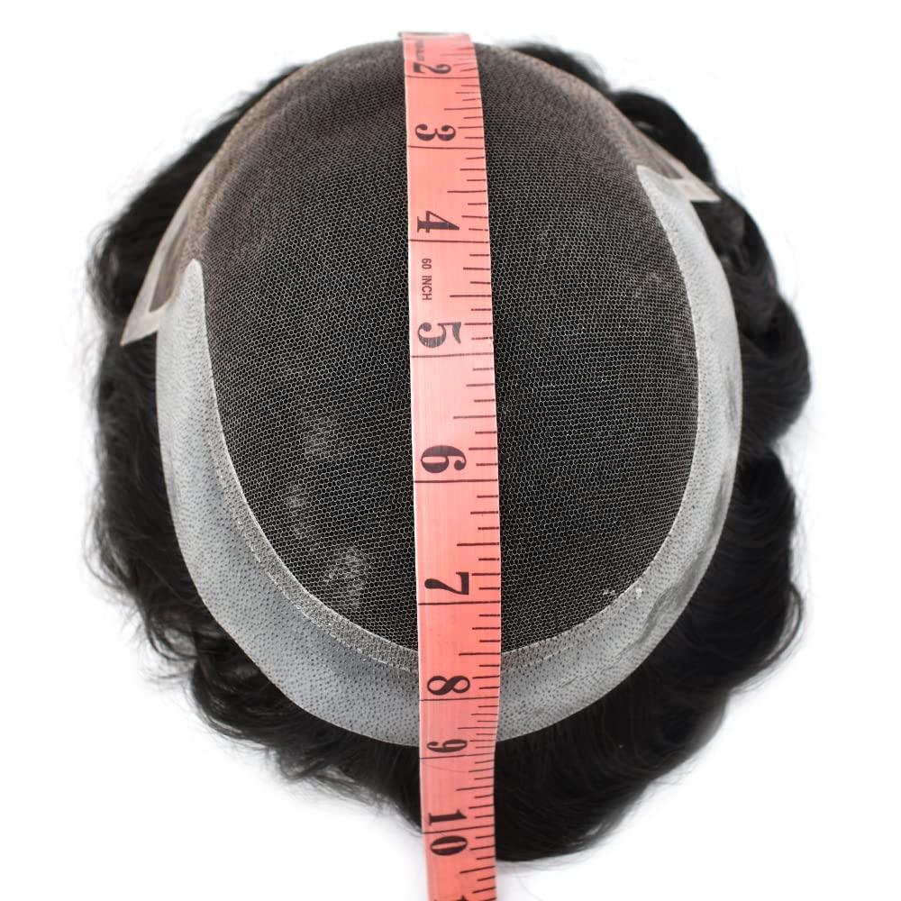 Hair Wonders Hair Wonders Toupee For Men Hair Piece Real Human Hair Soft Swiss Lace Hair Replacement System For Mens Toupee Hair Piece For Men Hair Prosthesis 6X8 Light to Medium density 1B# OFF BLACK