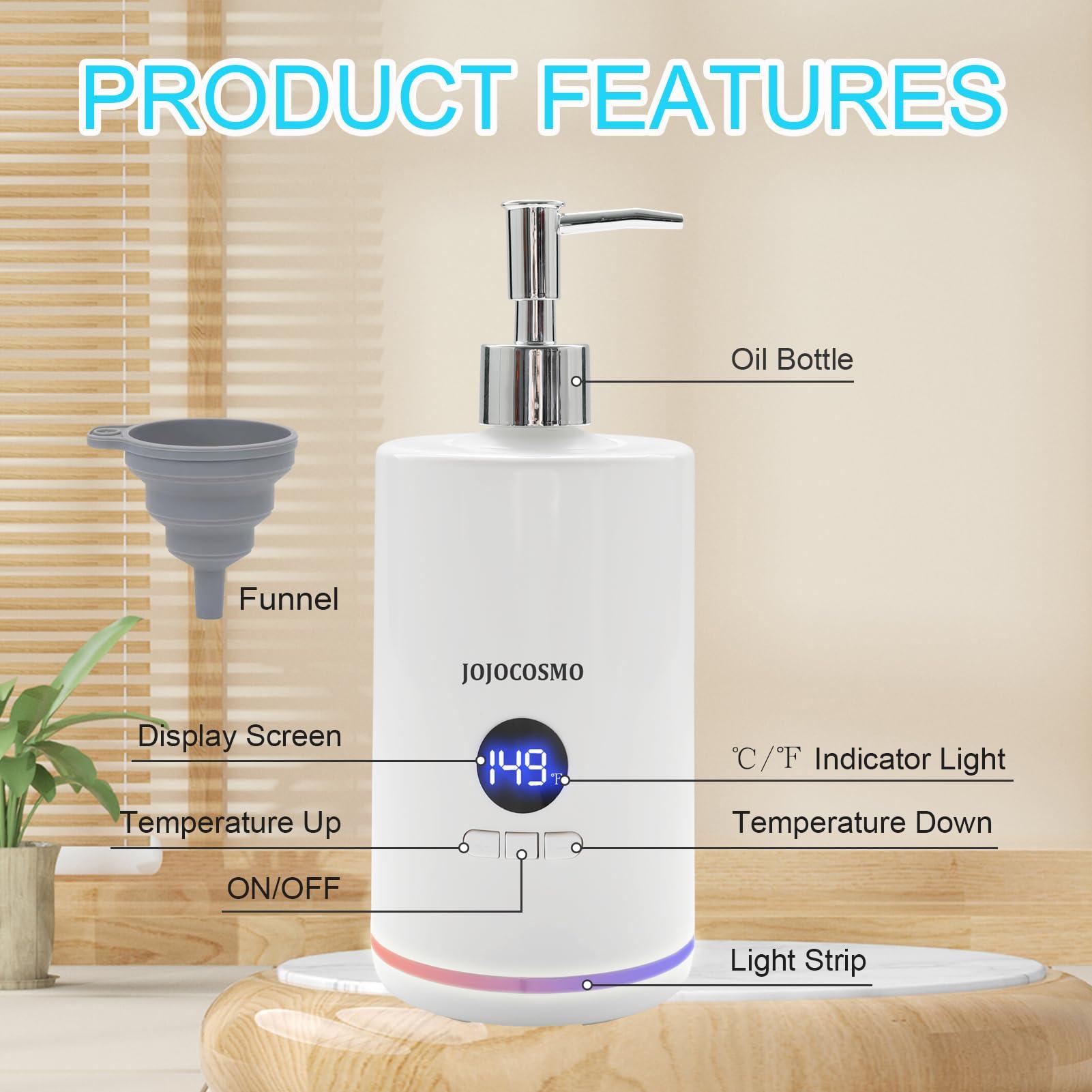 JOJOCOSMO Massage Oil Warmer with Two Oil Bottle Dispenser,Spa Oil Warmer, Salon Equipment Dispenser Heater, with Gradient Atmosphere Lamp and Funnel, / Switchable Display, for Home Pro Salon Spa Massage