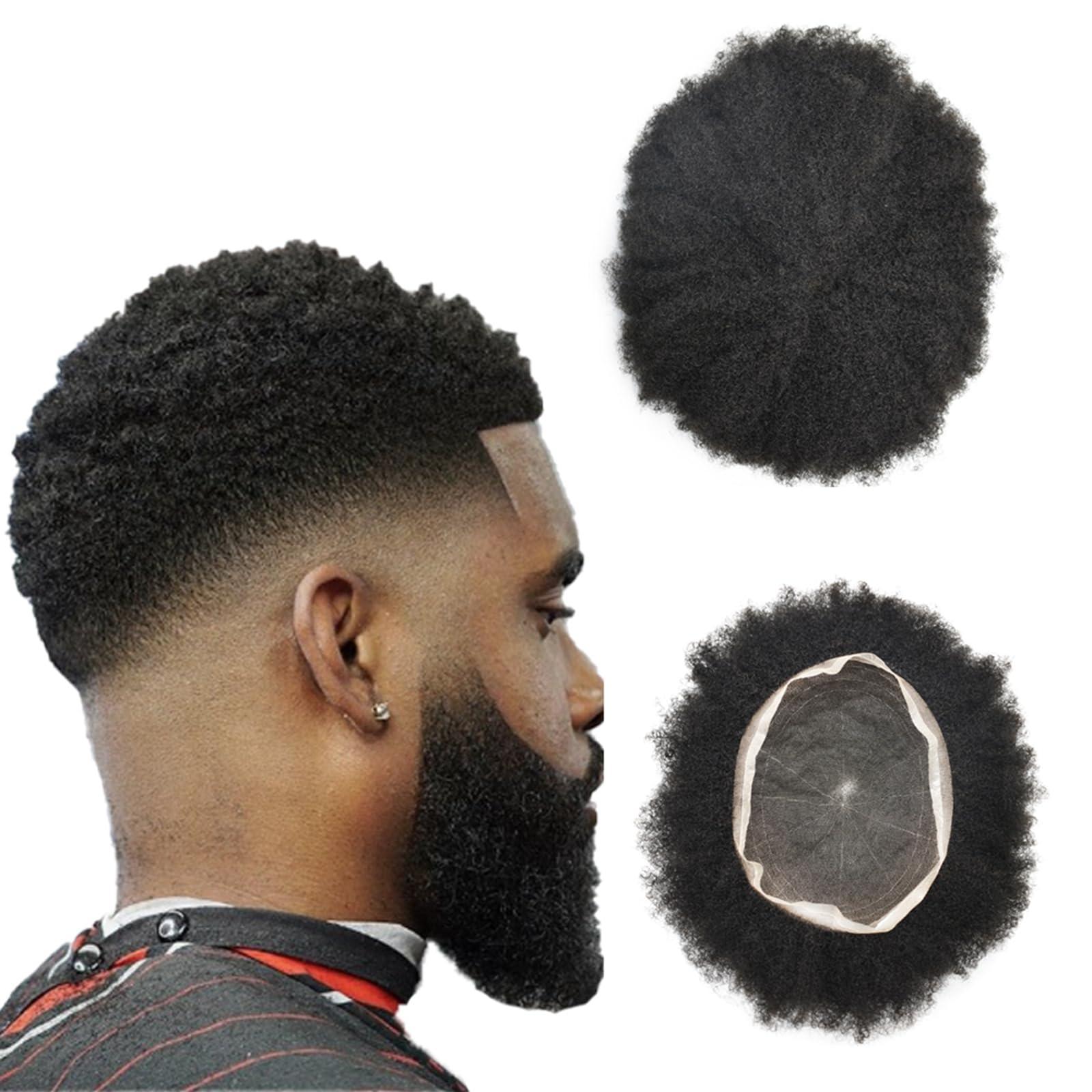 JUST HAIR Afro Hair Units for Black Mens Toupee Hairpieces African American Man Weave Units Curly Hair Repalcement System 4MM Afro Wavy, Jet Black #1