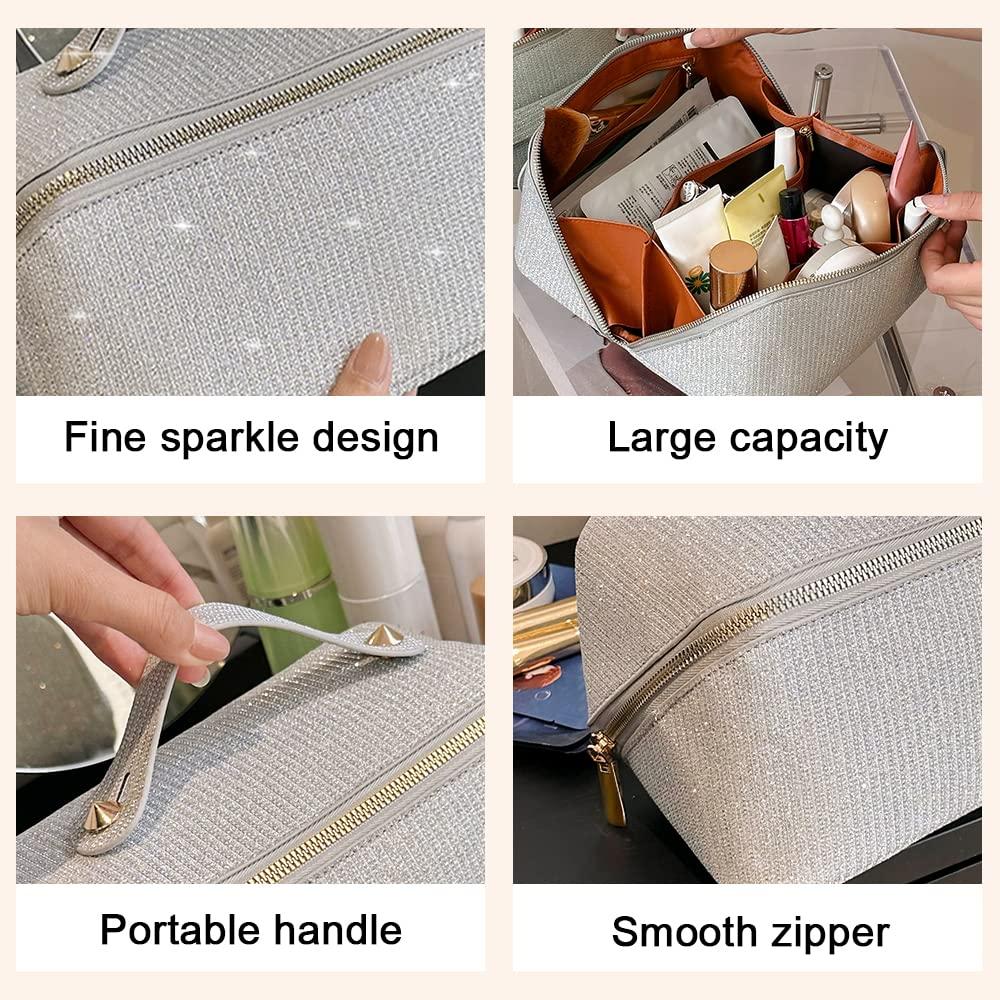 Cessfle Large Capacity Travel Cosmetic Bag Glitter Makeup Bag Everything Sparkly Shiny Make up Bag Portable Sequin Toiletry Travel Bag with Handle and Divider for Women (Silver)