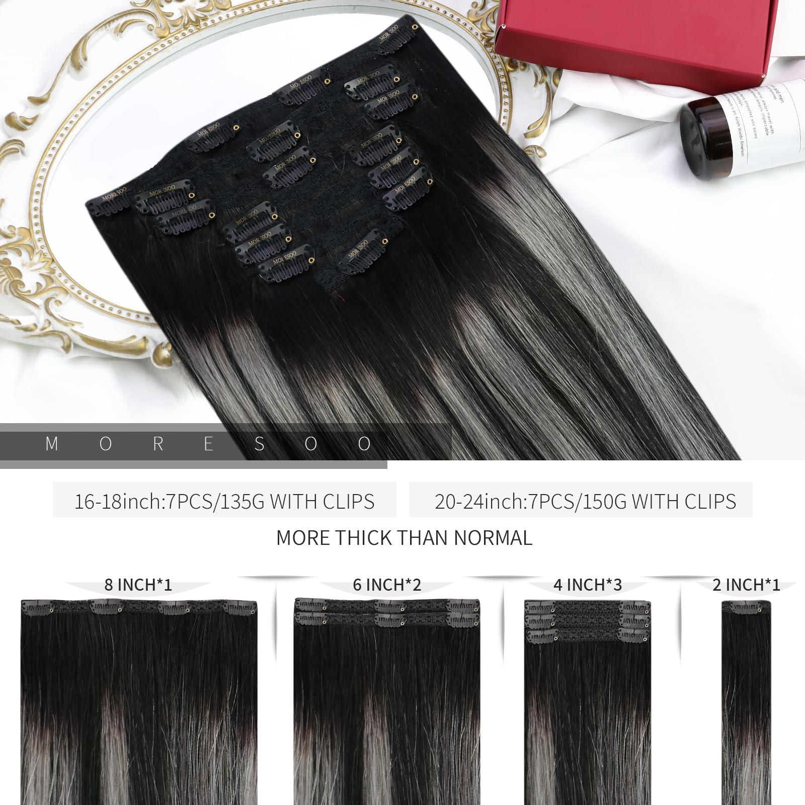 Moresoo Moresoo Seamless Clip in Hair Extensions Human Hair Balayage Black Silver Human Hair Clip in Extensions Ombre Silver 2packs 14inch with 16inch