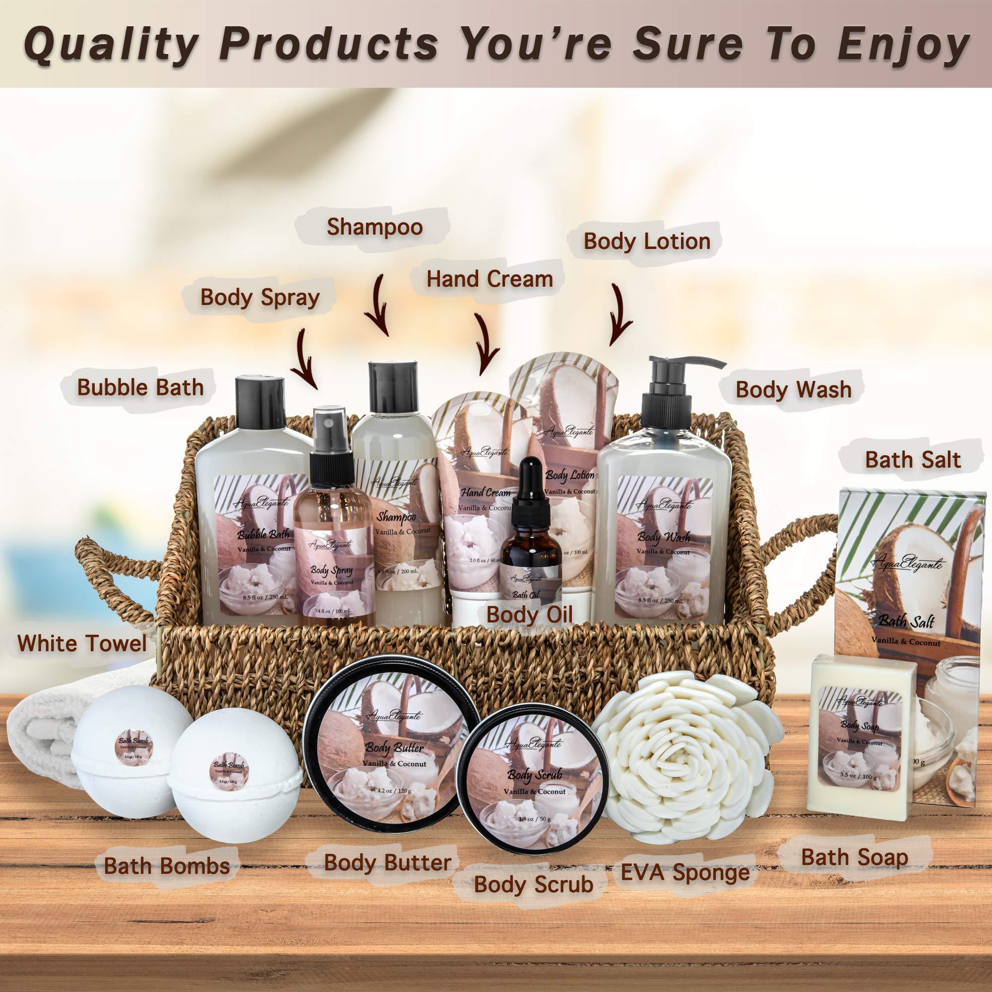 Aqua Elegante Bath Spa Gift Sets - Luxury Basket With Coconut & Vanilla - Spa Kit Includes Wash, Bubble Bath, Lotion, Bath Salts, Body Scrub, Shower Puff, Bathbombs, Soap and Towel