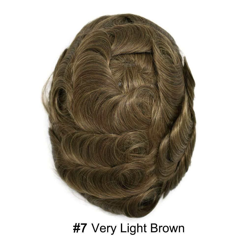 FANCY HAIR Hair System For Men Toupee Human Hair Replacement All Poly Mens Hair Piece 0.1mm Skin PU Hairpieces For Man Hair Unit Grey Brown Black Patch Wigs (7\"X9\", 7 VERY LIGHT BROWN)