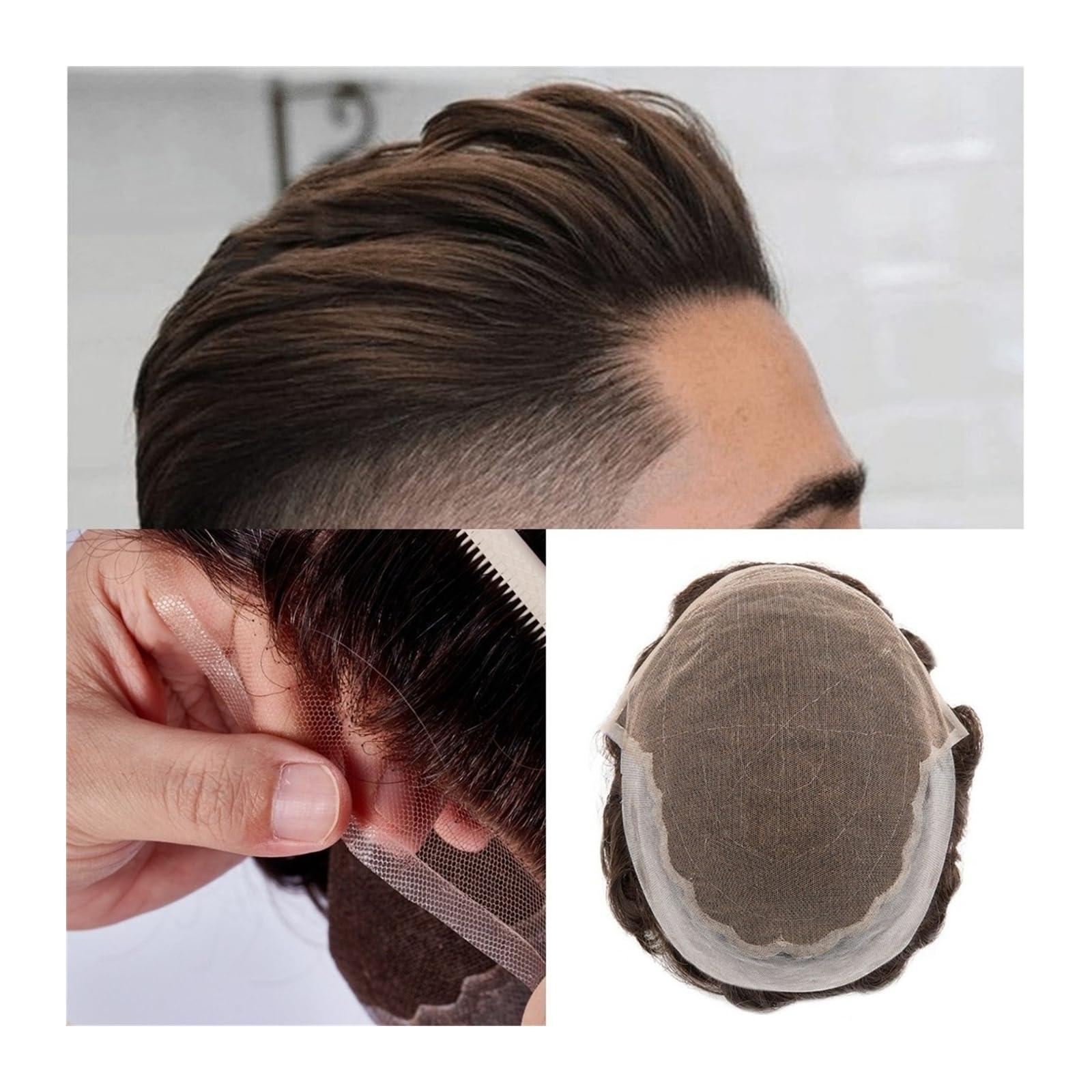 Bustards hair replacement system for men Toupee for Men French Lace & PU Base Men\'s Toupee 6\" Human Hair System Unit Toupee 30 Wave Wig Medium Density Durable Male Hair Prosthesis men\'s toupee(30MM Wave 120%De