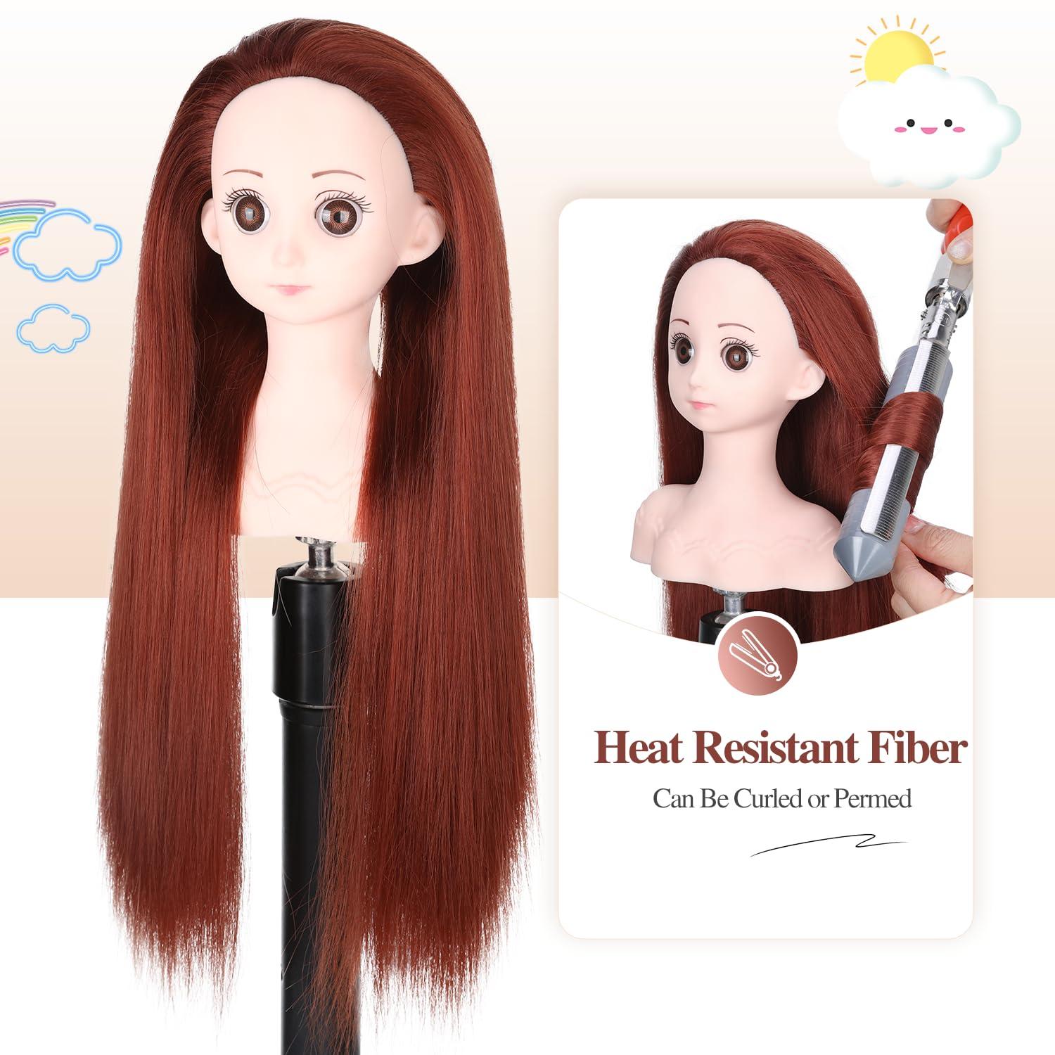 WIGER WIGER Red Hair Styling Doll for Girls Toy Mannequin Head with Hair for Children Cute Cosmetology Hairdressing Manikin Doll Braiding Training Practice Heads with Long Brown Straight Hair