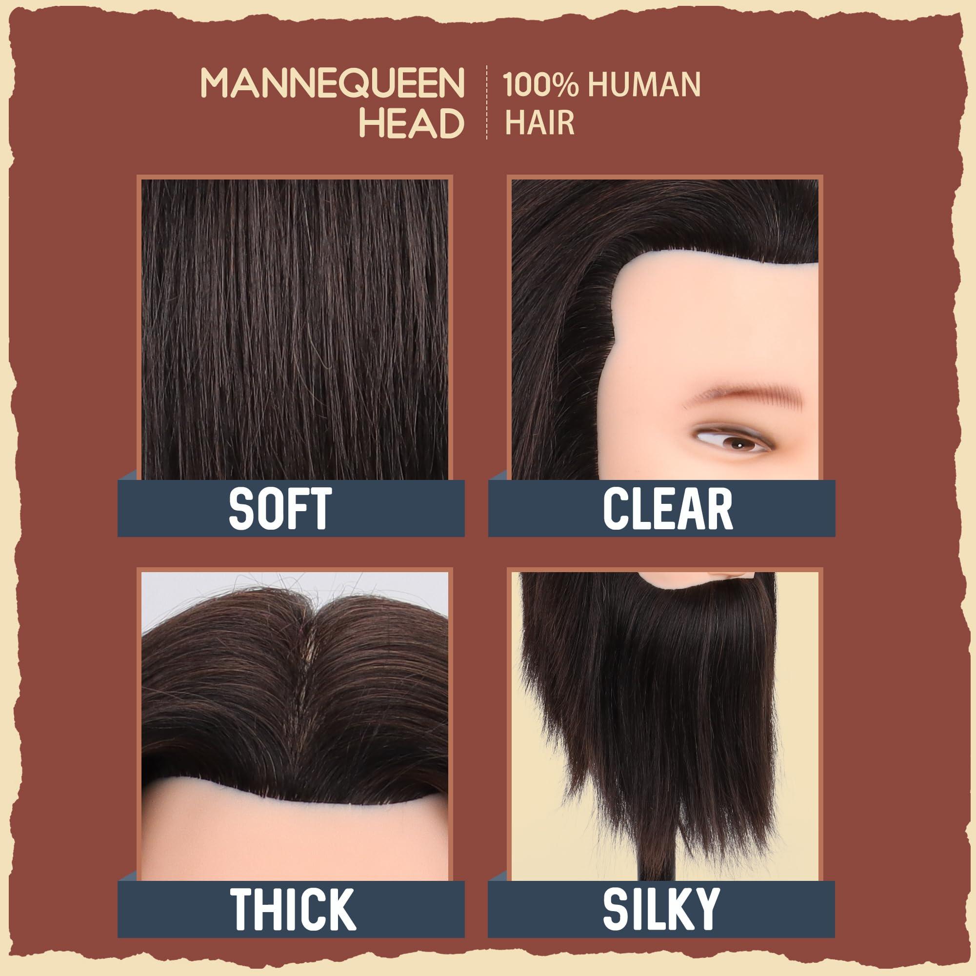 MannequeenHead Male Mannequin Head with Human Hair Barber Mannequin Head Beard Practice Male Haircut 100% Manikin Head Doll Head for Hairdresser Cutting Styling with Clamp Stand-Black