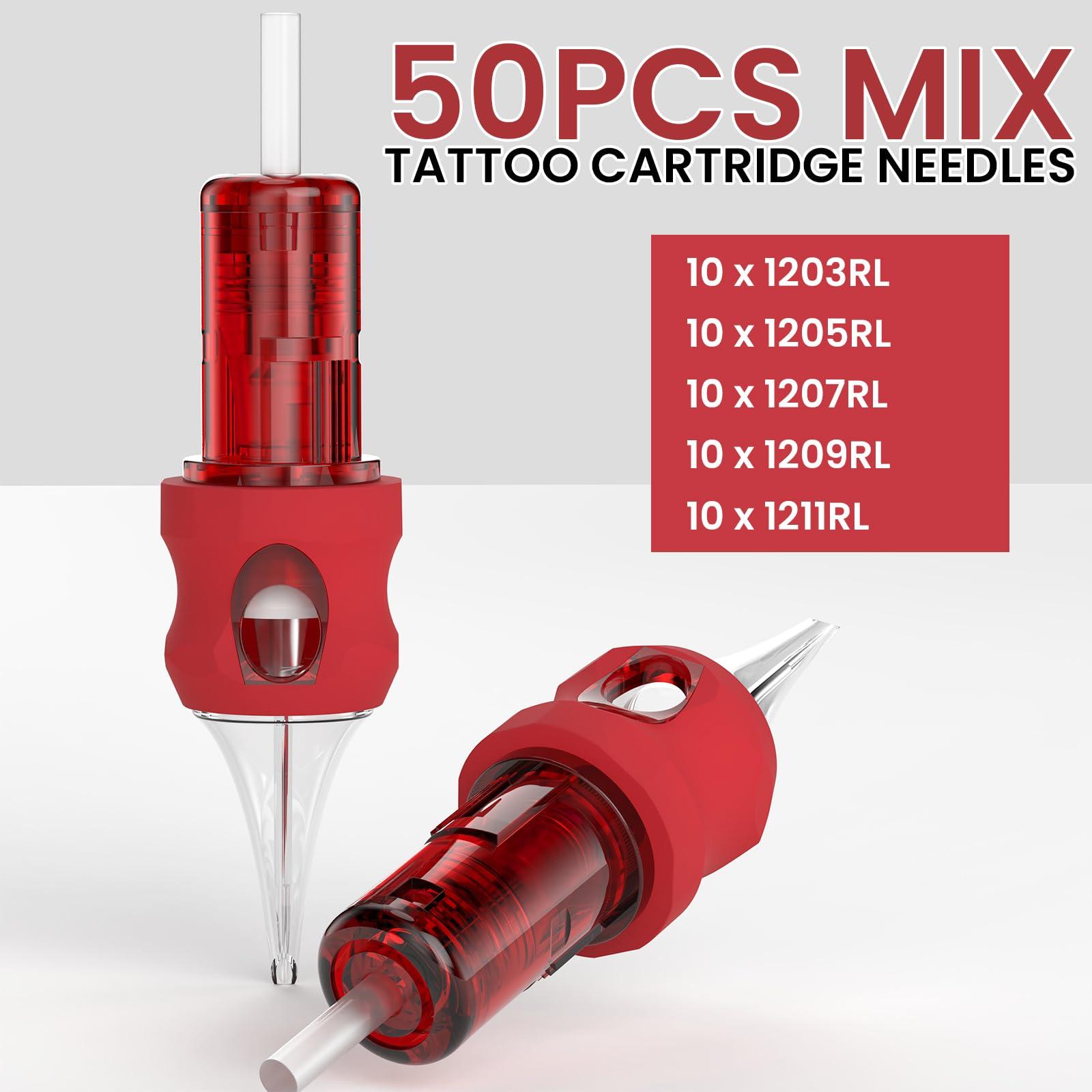 Wormhole Tattoo Wormhole Tattoo Cartridge Needles, 50pcs Mixed Sizes Disposable Finger Ledge Tattoo Needles #12 Standard 3RL 5RL 7RL 9RL 11RL Round Liner for Tattoo Machine Tattoo Gun Tattoo Supplies