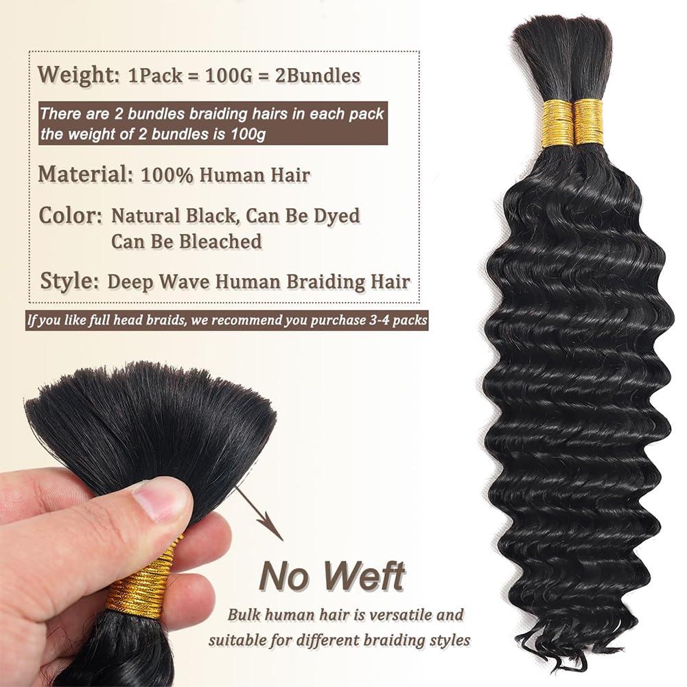 Cruslheep Human Braiding Hair 24 Inch Deep Wave Bulk Human Hair for Braiding No Weft 100% Unprocessed Curly Human Hair Braiding Hair Extensions for Boho Braids Wet and Wave 100g/Pack