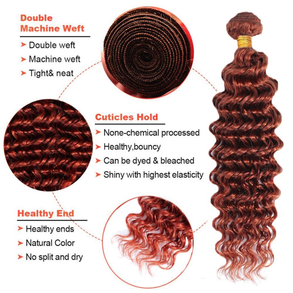 HuxoWax Copper Deep Wave Bundles Brown Human Hair Bundles Color #33 Bundles Human Hair Peruvian Virgin Hair 3 Bundles 14 16 18 Inch Reddish Brown Bundles Auburn Brown Bundle 300g