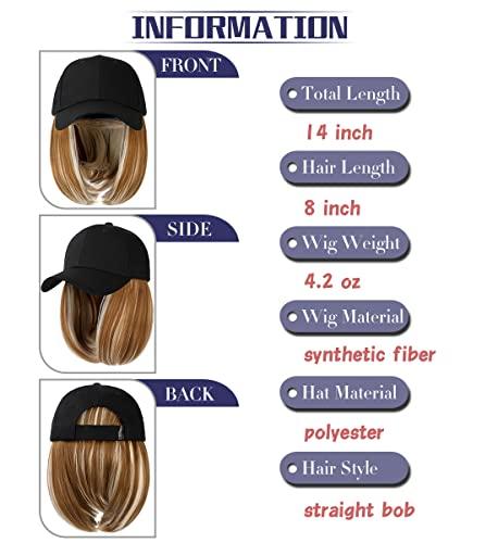 Qlenkay Qlenkay Baseball Cap with Hair Extensions Straight Short Bob Hairstyle Adjustable Removable Wig Hat 14inch for Woman Girl Ginger Brown Mix Bleach Blonde