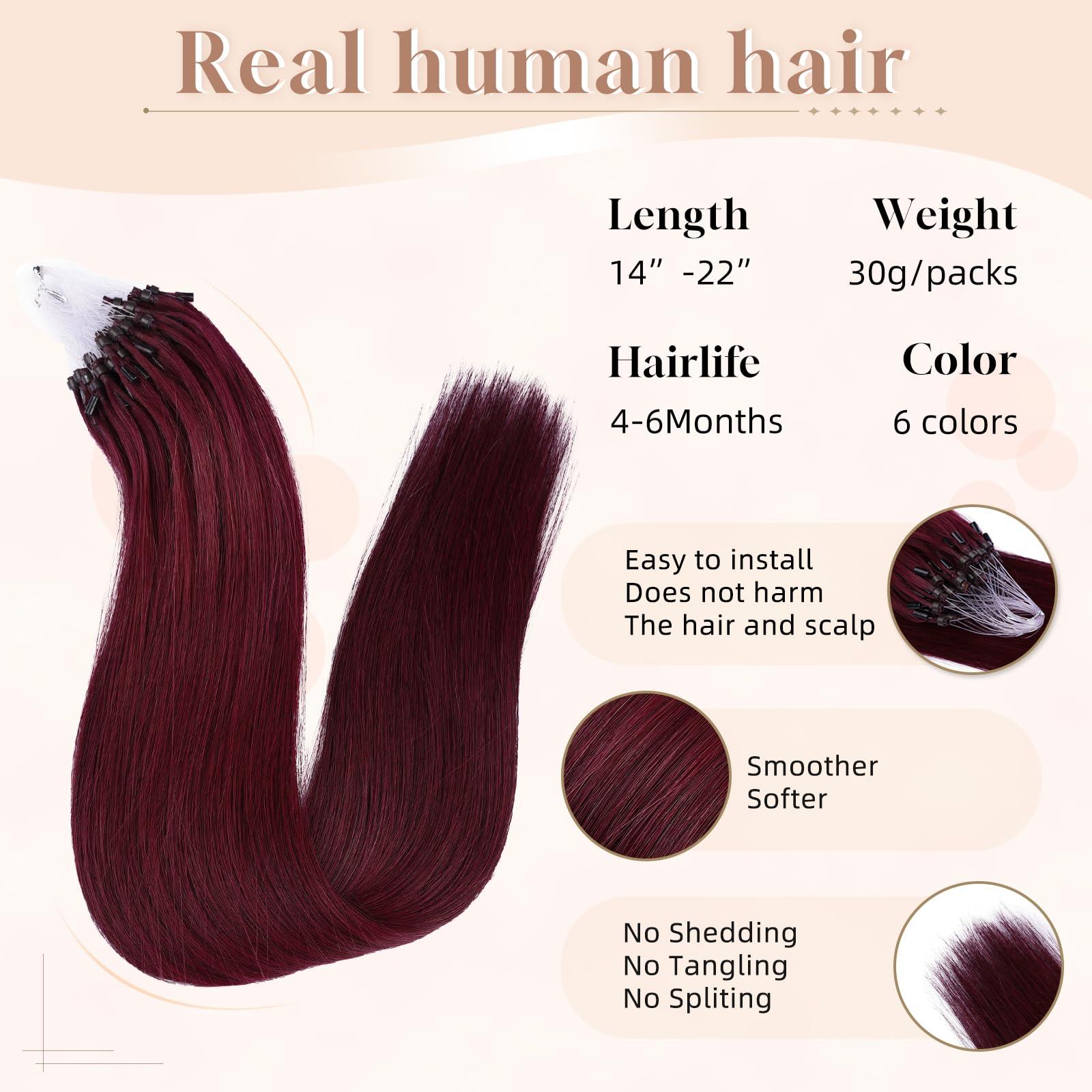 MioYio MioYio Microlink Hair Extensions Human Hair 99j Red 30g/Pack Micro Link Remy Hair 18 inch Micro Hair Microbead Micro Loop Hair Extensions Real Human Hair Soft and Glossy Longer Life