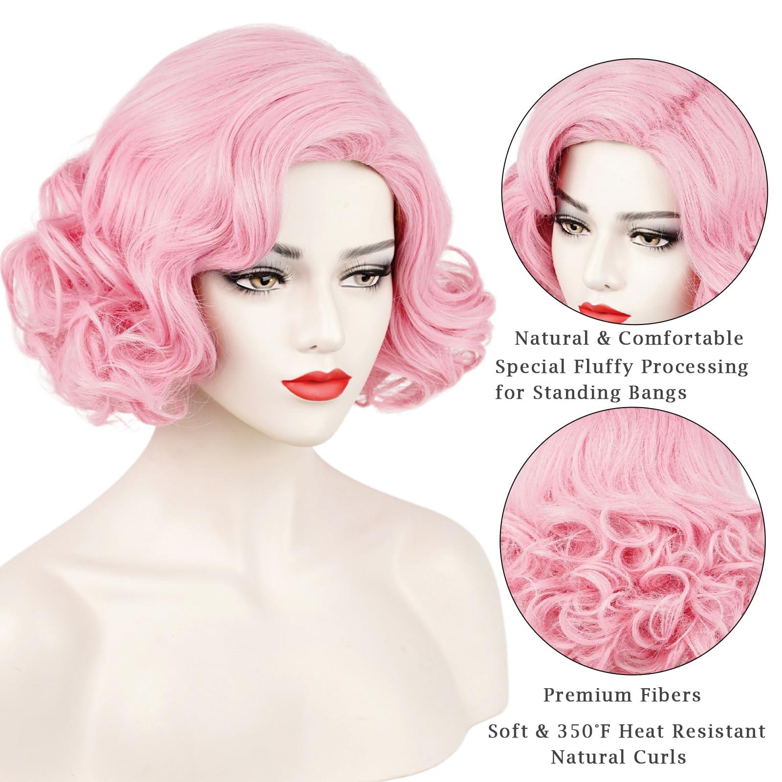Wiggy Mermaid Short Pink Curly 1920s Wig for Women Adult, 50s Frenchie Wig Pink Bob Finger Wave Wig for Pink Ladies,Roaring Flapper Synthetic Hair Wig + Wig Cap for Halloween Costume Party Cosplay