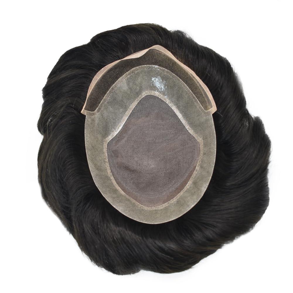 Brave Hair Generic Hair System for Men Toupee Human Hair Pieces French Lace Front Bleached Knot Toupee for Men Hair Replacement Systems Durable Fine Monofilament Men\'s Hairpiece 8X10 1B# OFF BLACK