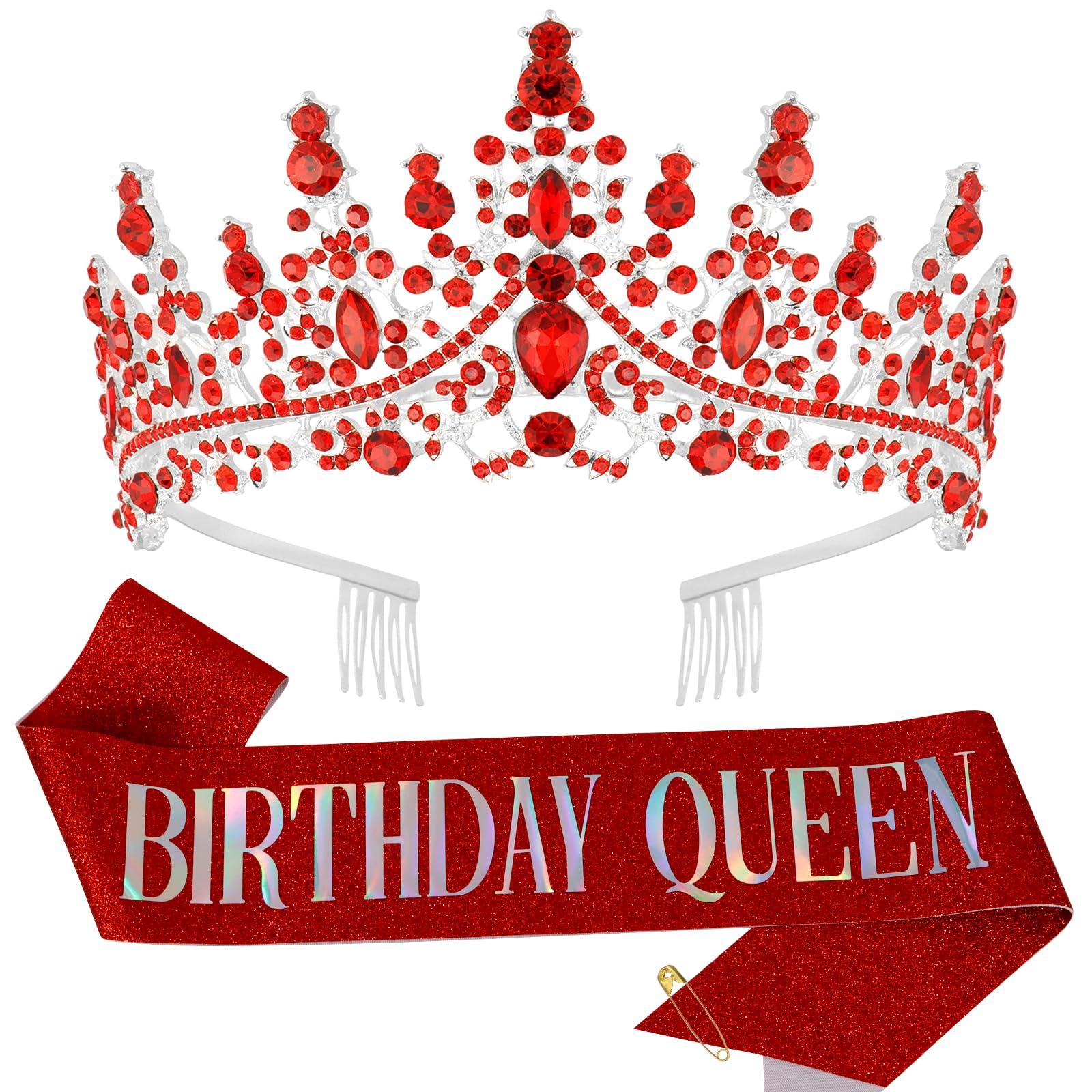 TIHEBAX Tihebax Birthday Queen Sash & Rhinestone Tiara Red Sliver Crown Birthday Sash and Tiara for Women Girls Princess Tiara Crown Birthday Accessories Headband and Sash for Girls