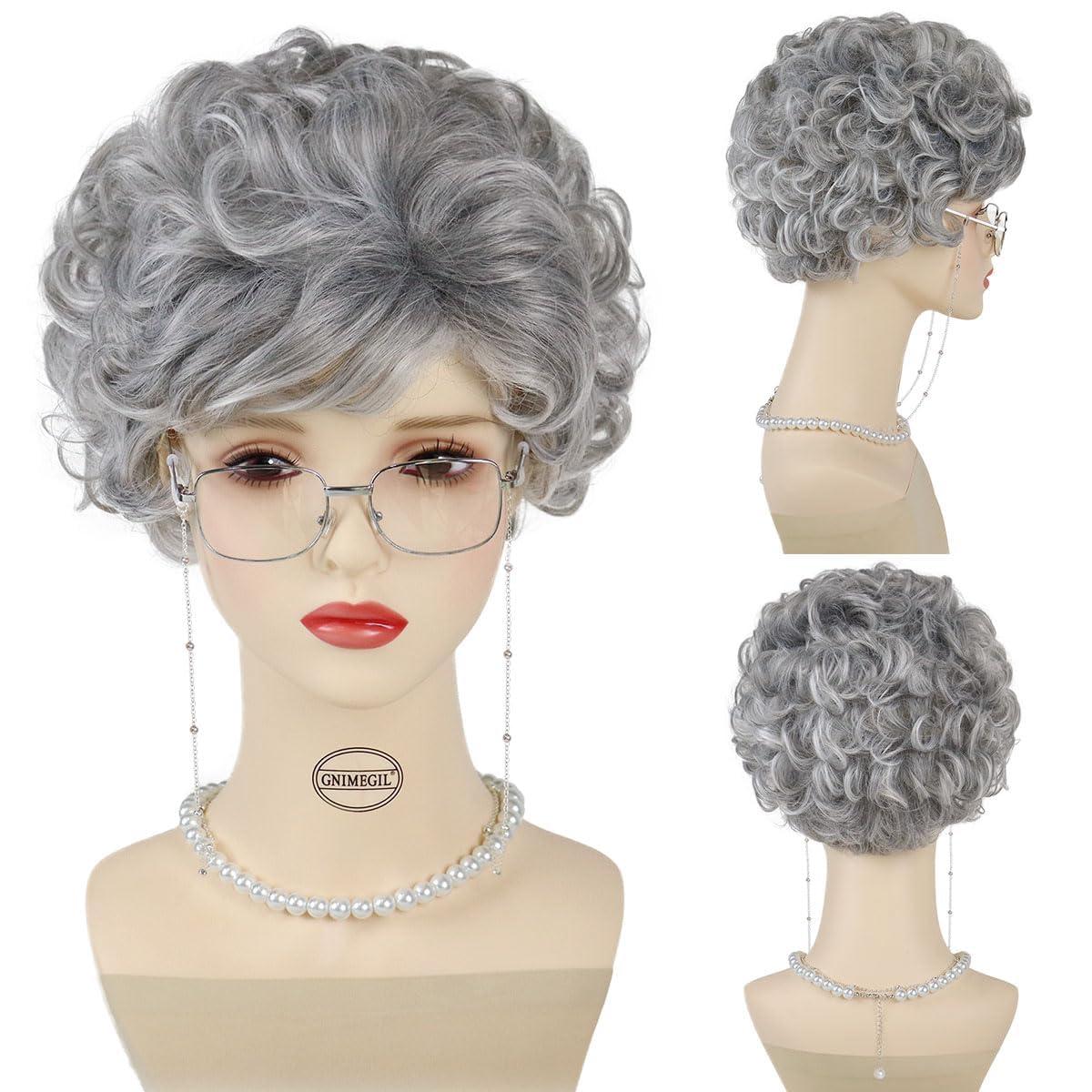 GNIMEGIL GNIMEGIL Old Lady Wig Short Dark Grey Curly Grandma Wig with Bangs Cosplay Costume Halloween Christmas Wig Accessories 4pcs Set(Wig+Glasses+Necklace+Chain)
