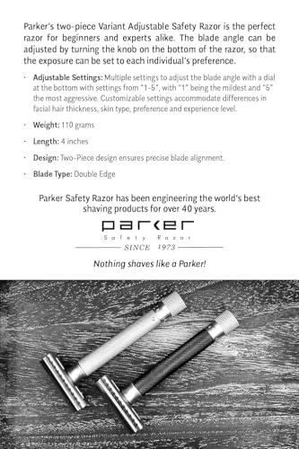 Parker Safety Razor The Parker Variant ADJUSTABLE Double Edge Safety Razor, Customize your Shave with a Turn of the Dial from Mild to Aggressive - 5 Blades Included (SATIN CHROME)